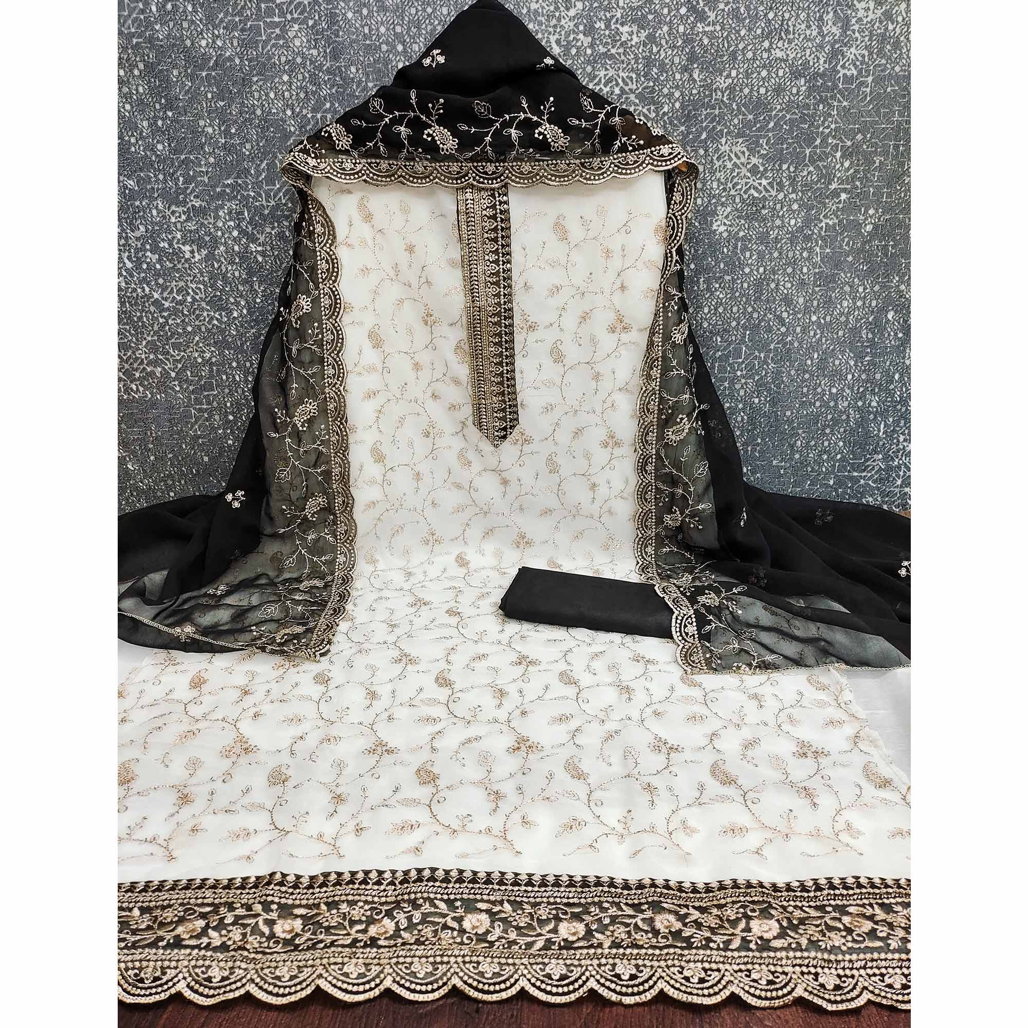 White & Black Georgette Dress Material Showcasing Elegant Floral Thread Embroidery Work - Image 3