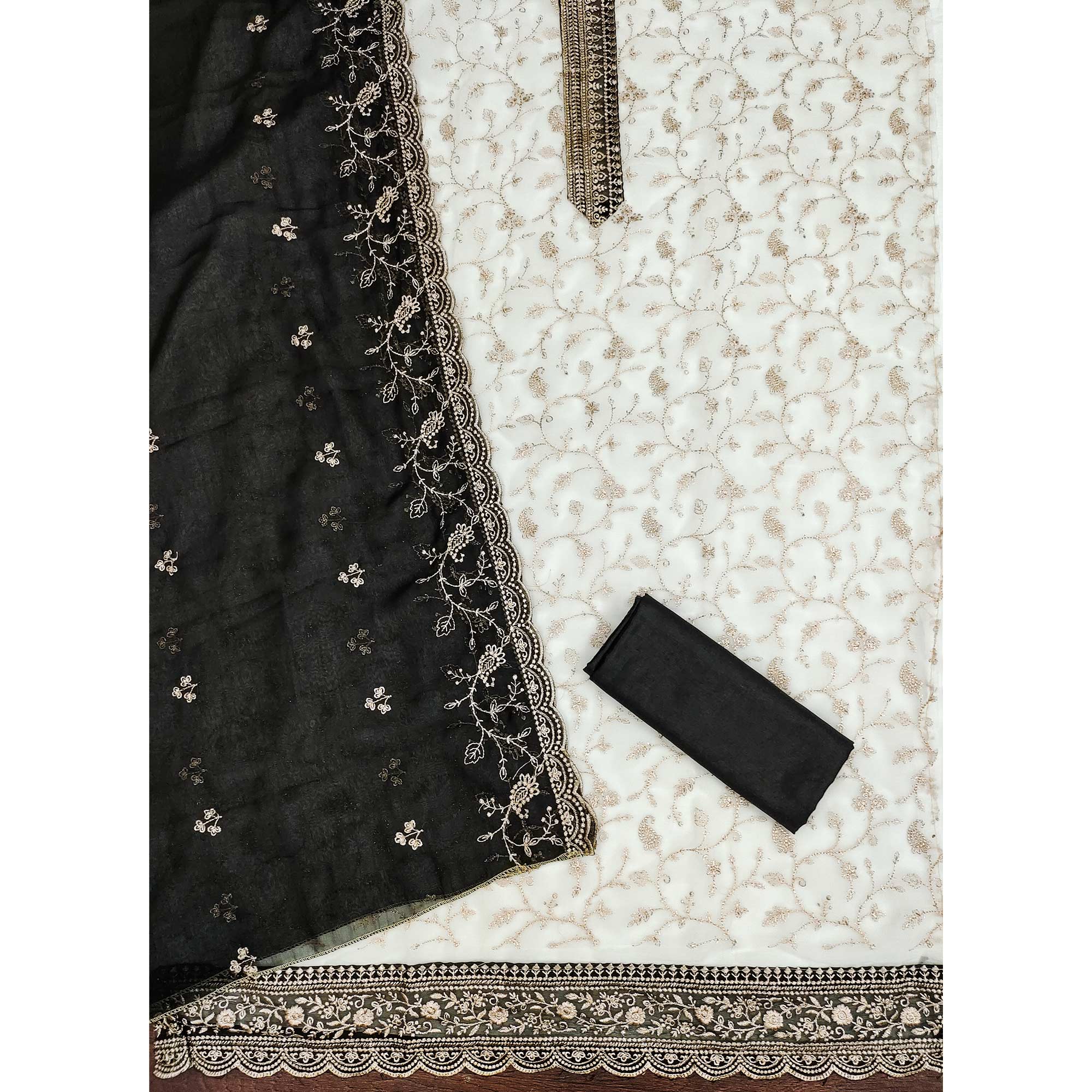 White & Black Georgette Dress Material Showcasing Elegant Floral Thread Embroidery Work - Image 4