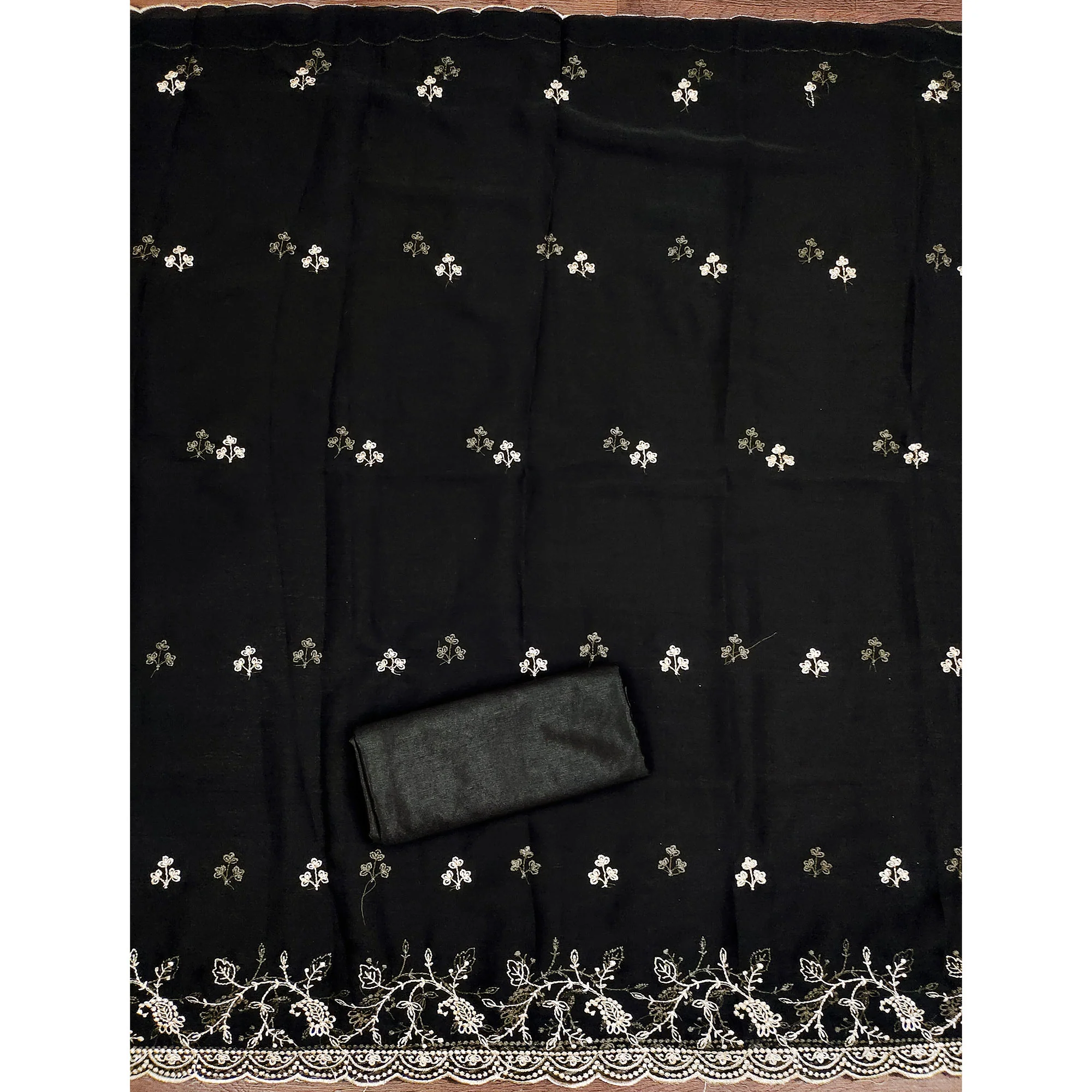 White & Black Georgette Dress Material Showcasing Elegant Floral Thread Embroidery Work - Image 5