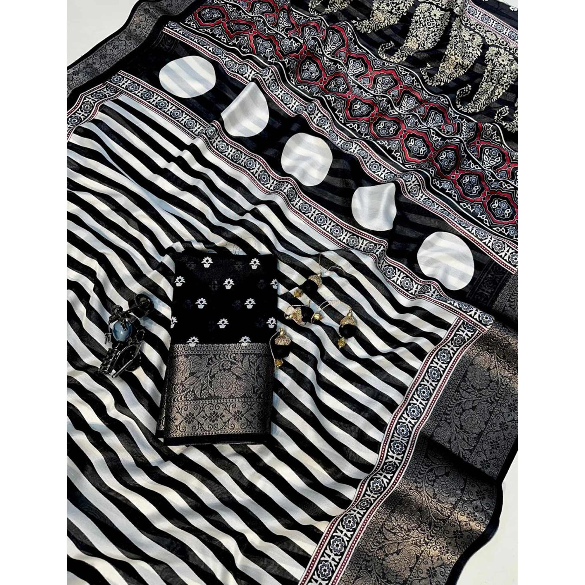 White & Black Woven Border Striped Print Dola Silk Saree for Festive Wear - Image 3