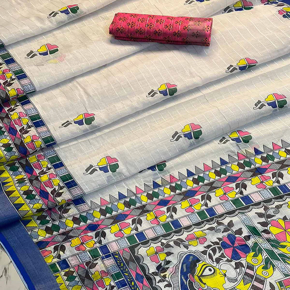White & Blue Digital Printed Linen Saree - Image 2