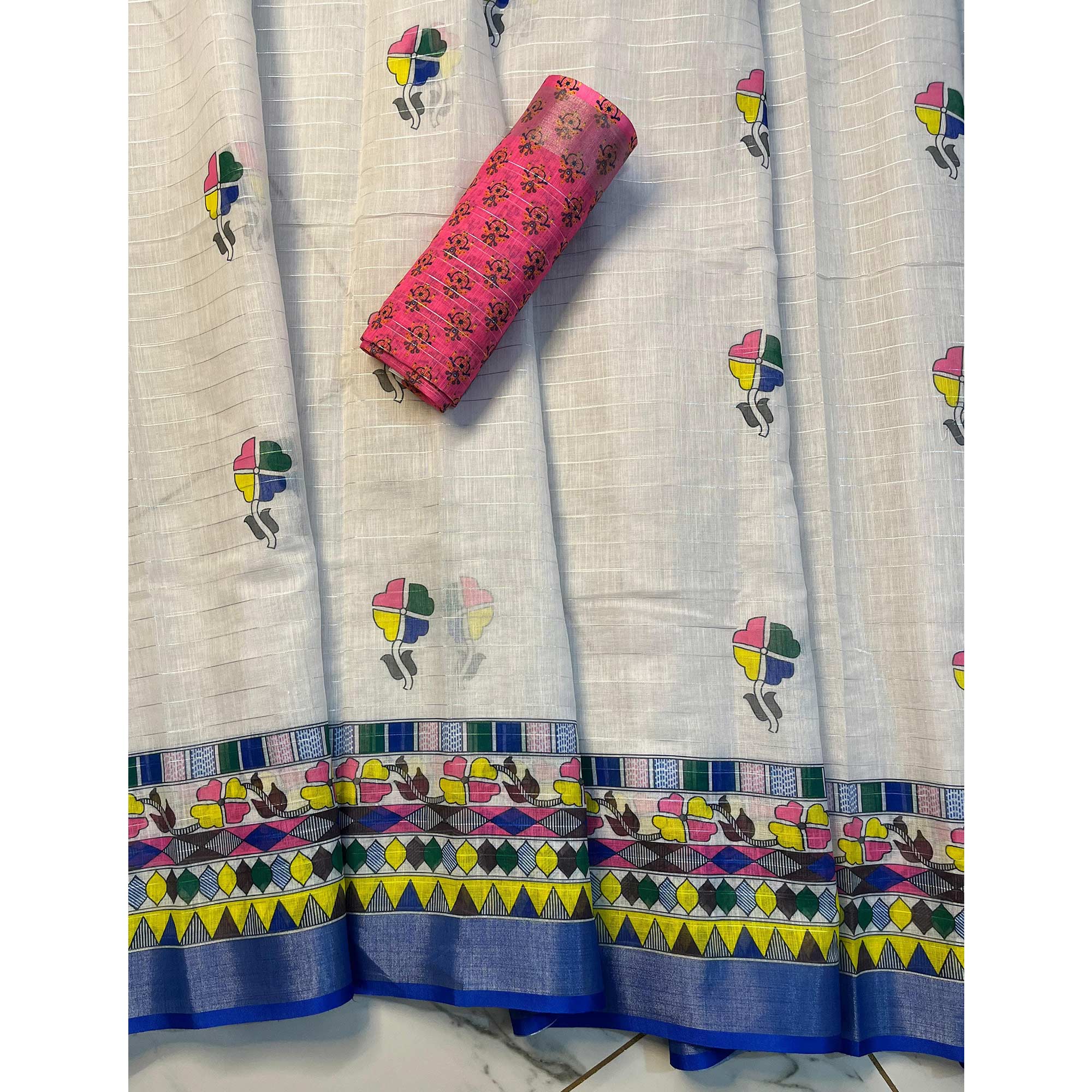 White & Blue Digital Printed Linen Saree - Image 3