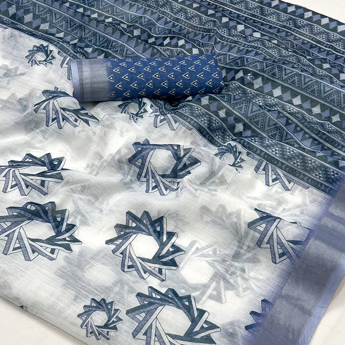 White & Blue Digital Printed Linen Saree With Zari Border - Image 2
