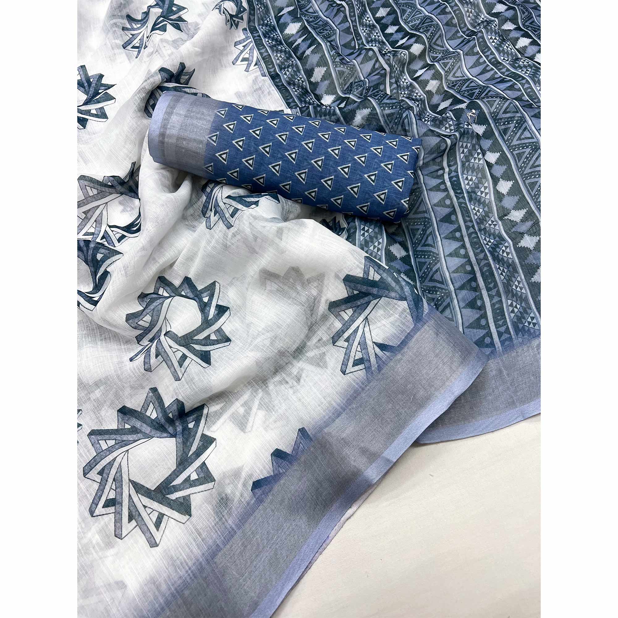 White & Blue Digital Printed Linen Saree With Zari Border - Image 3
