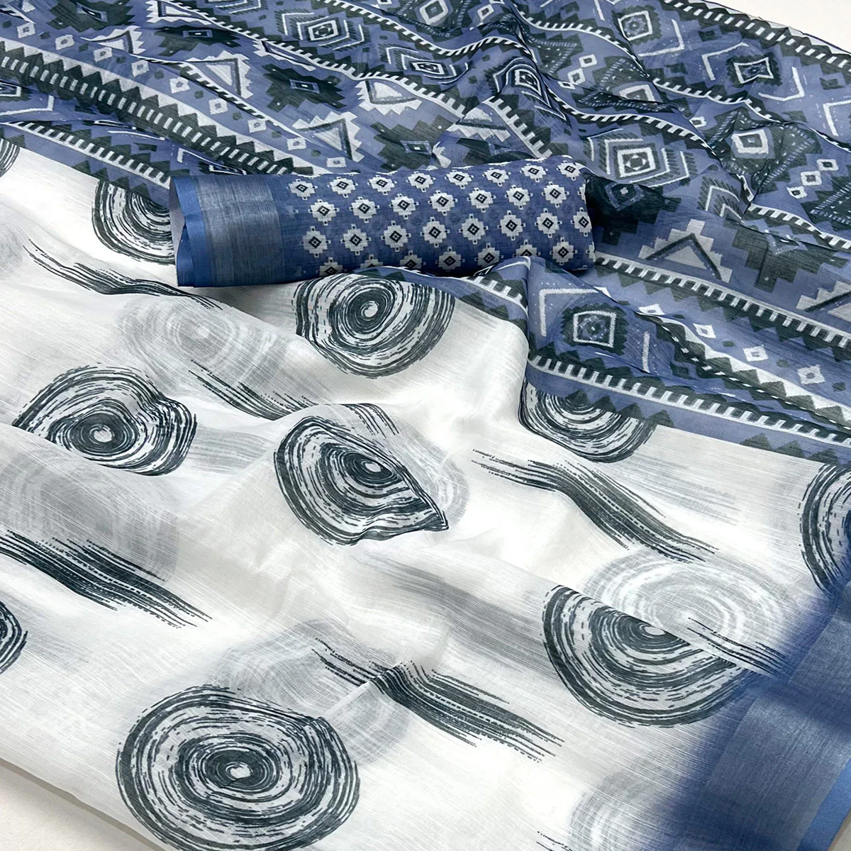 White & Blue Digital Printed Linen Saree With Zari Border - Image 2