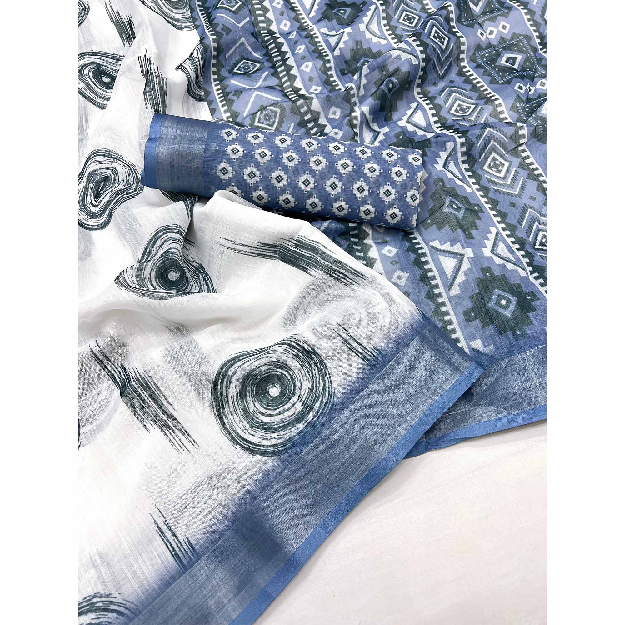 White & Blue Digital Printed Linen Saree With Zari Border - Image 3