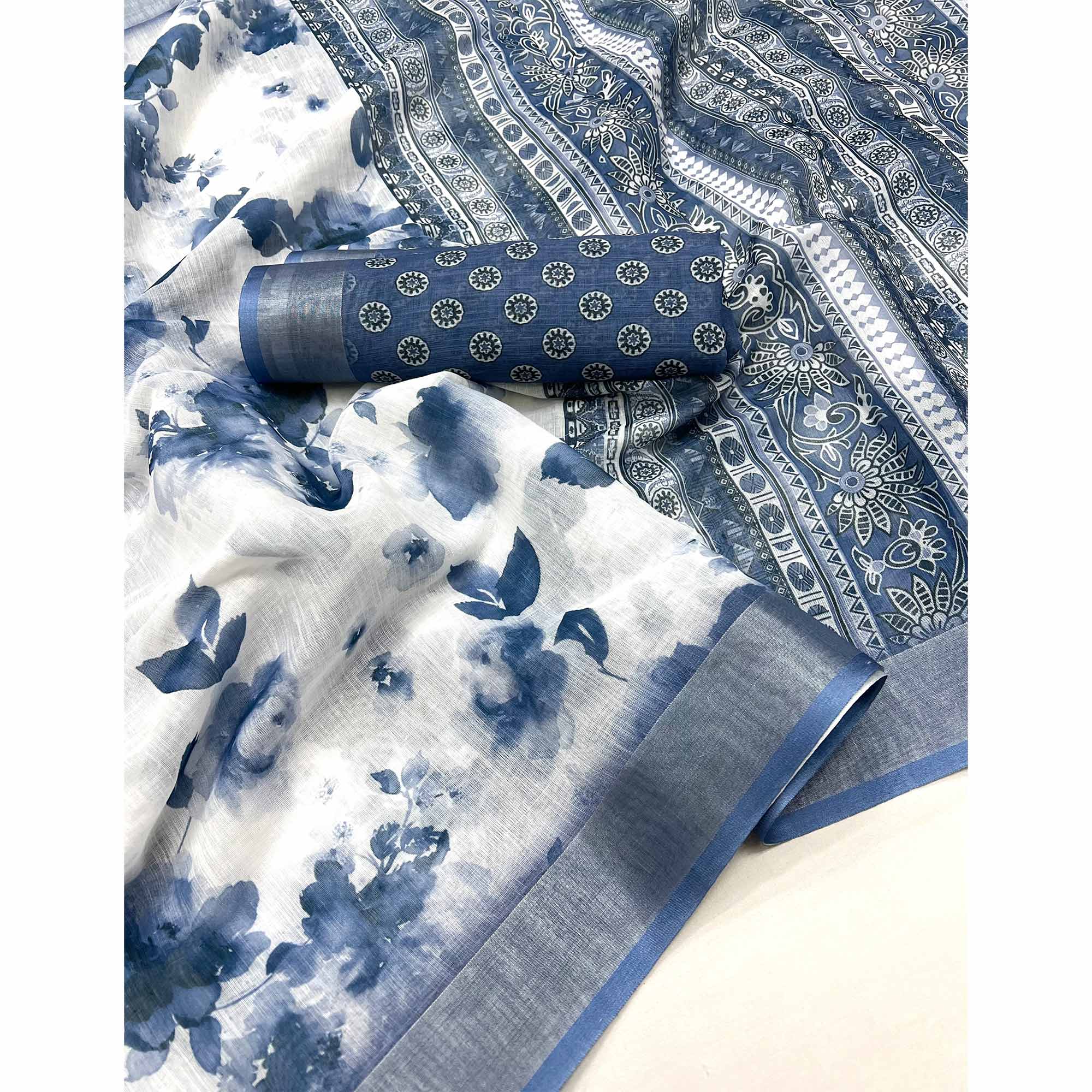 White & Blue Floral Digital Printed Linen Saree With Zari Border - Image 3