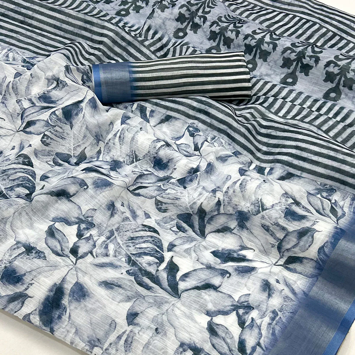 White & Blue Floral Digital Printed Linen Saree With Zari Border - Image 2