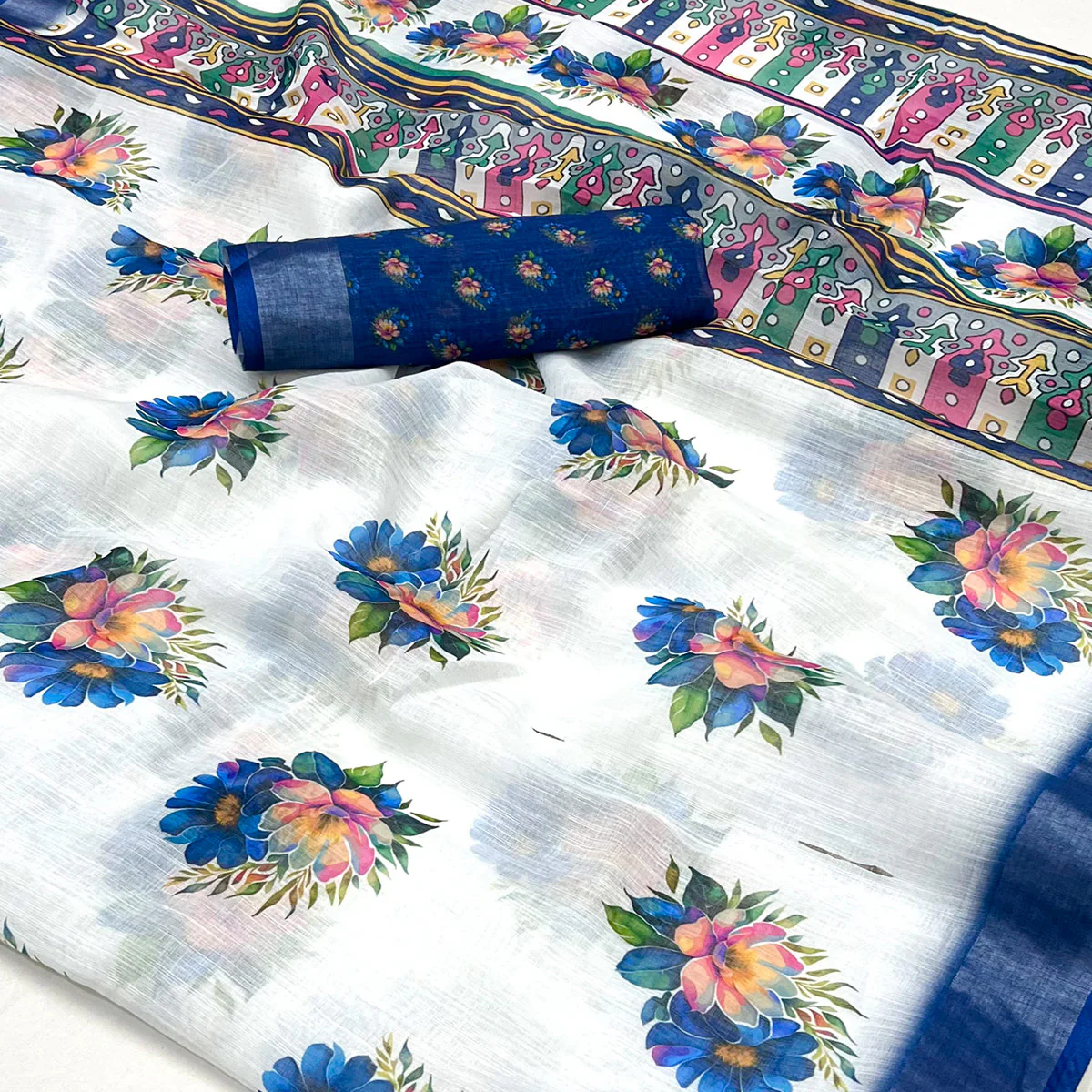 White & Blue Floral Digital Printed Linen Saree With Zari Border - Image 2