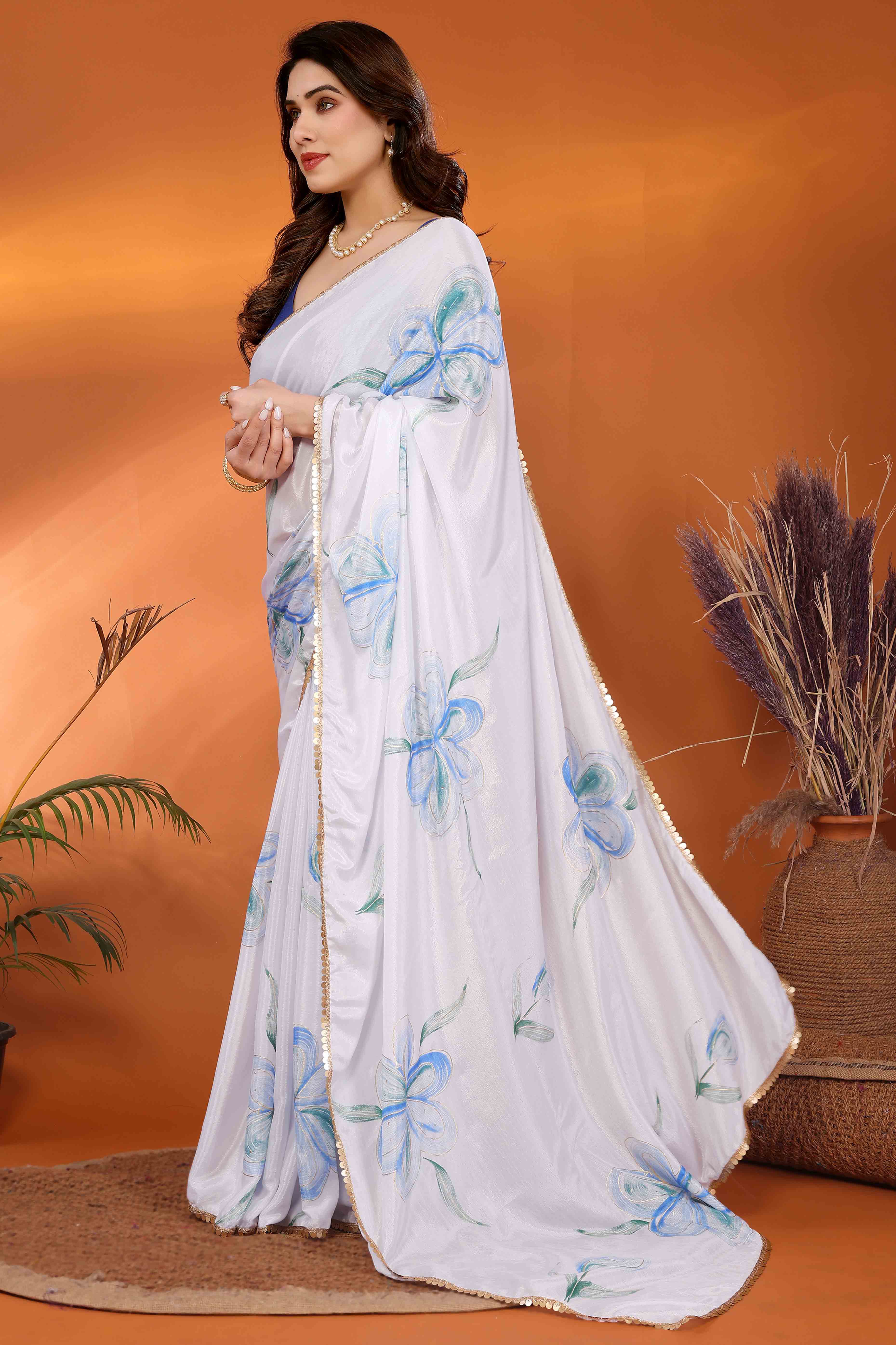 White & Blue Floral Printed Chiffon Saree - Image 4