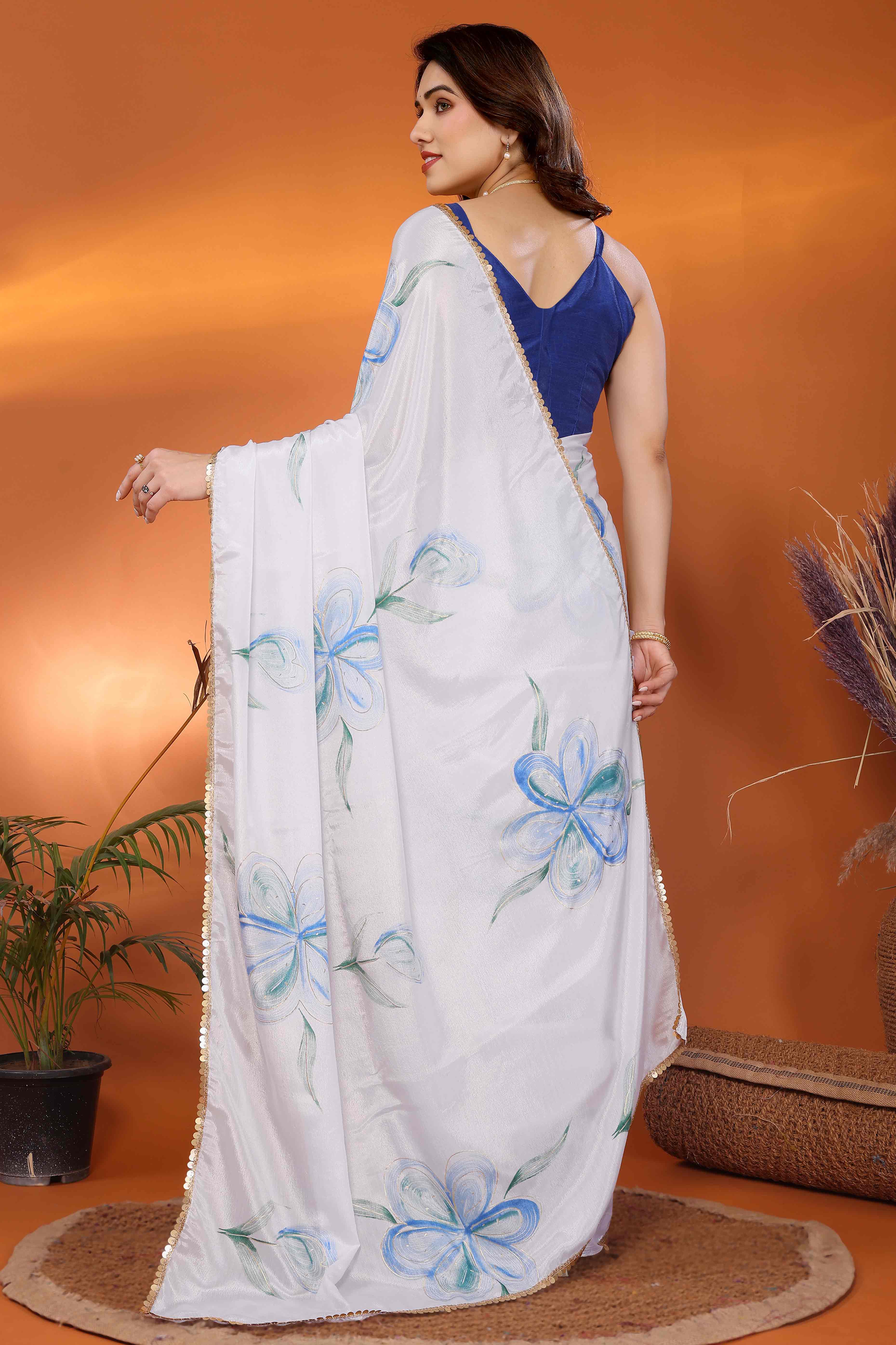 White & Blue Floral Printed Chiffon Saree - Image 5
