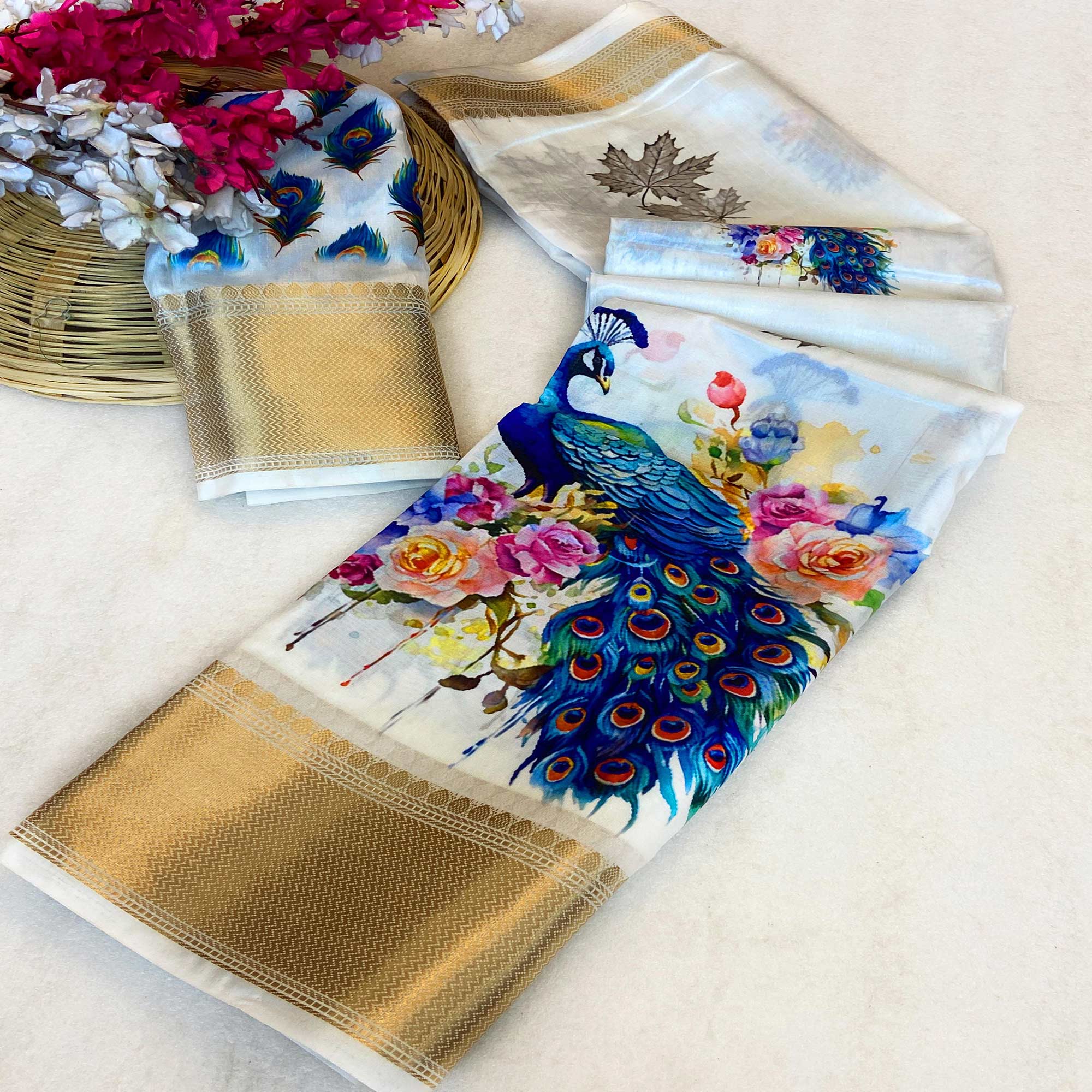 White & Blue Floral Printed Dola Silk Saree With Woven Broder - Image 2