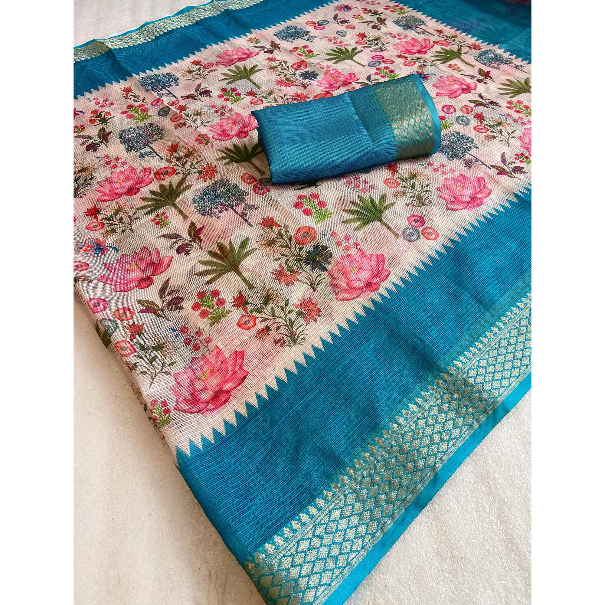 White & Blue Floral Printed Kota Doria Saree - Image 3