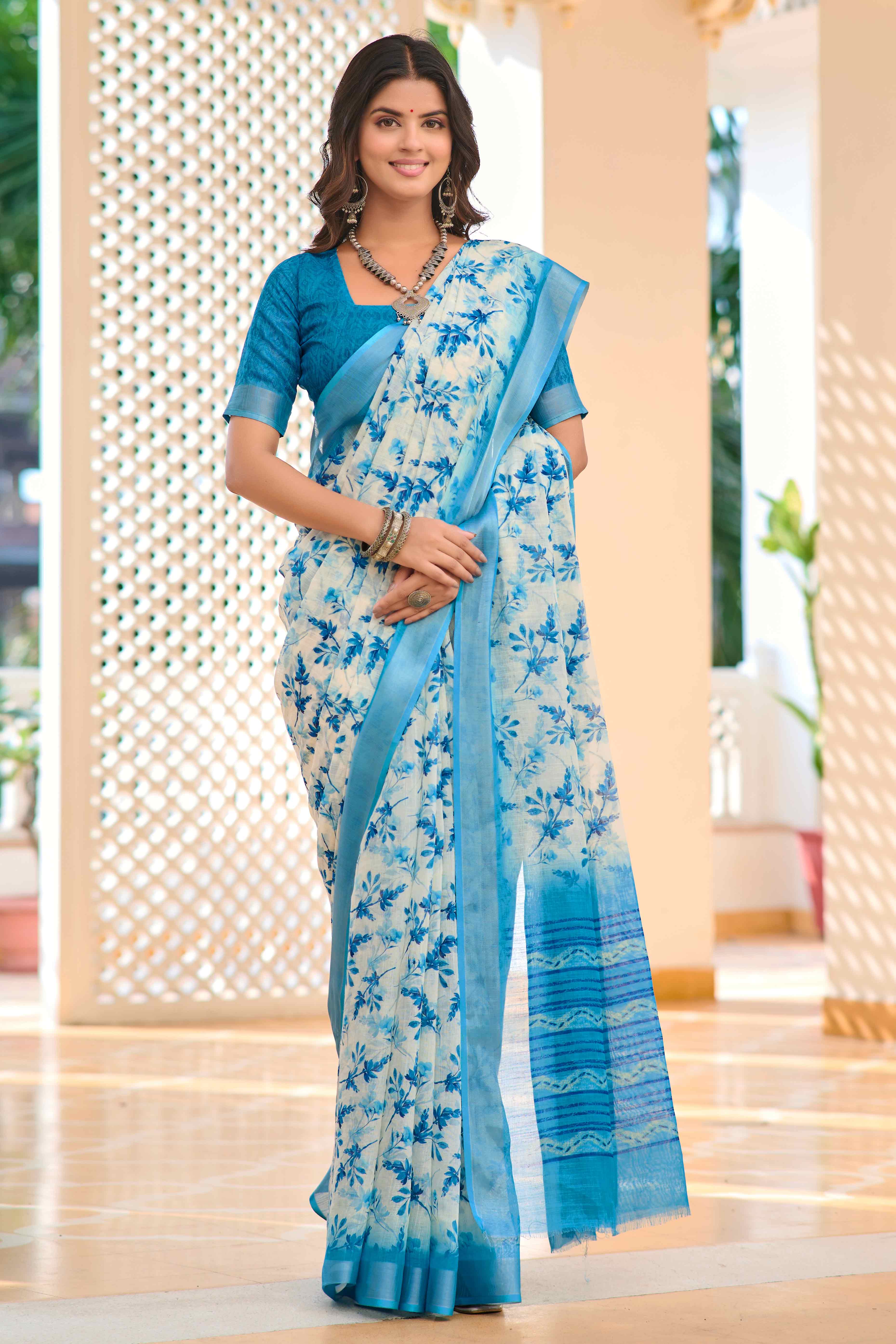White & Blue Floral Printed Linen Saree - Image 4