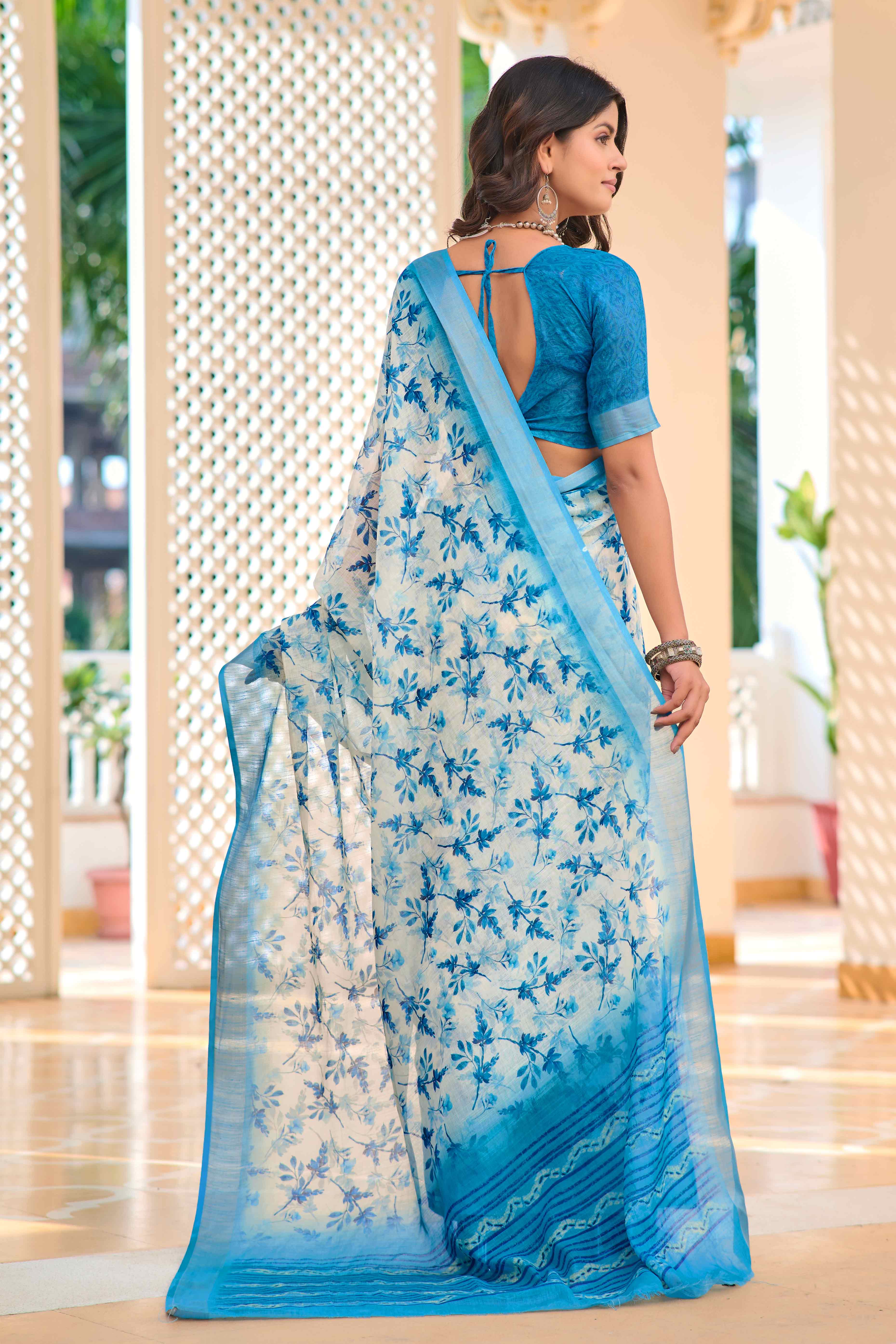 White & Blue Floral Printed Linen Saree - Image 5