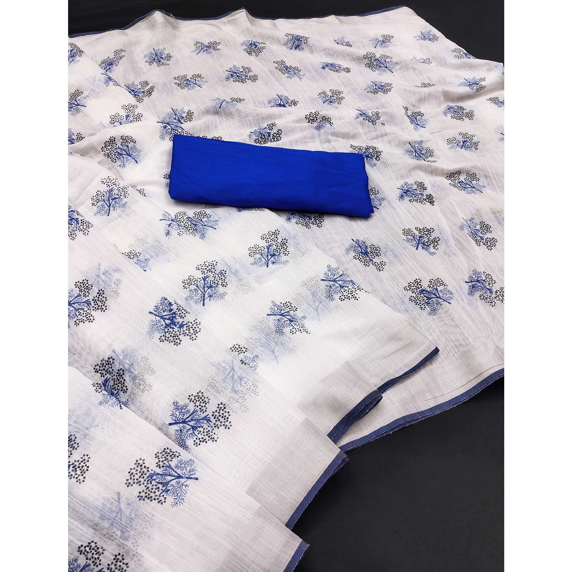 White & Blue Floral Printed Linen Saree - Image 3