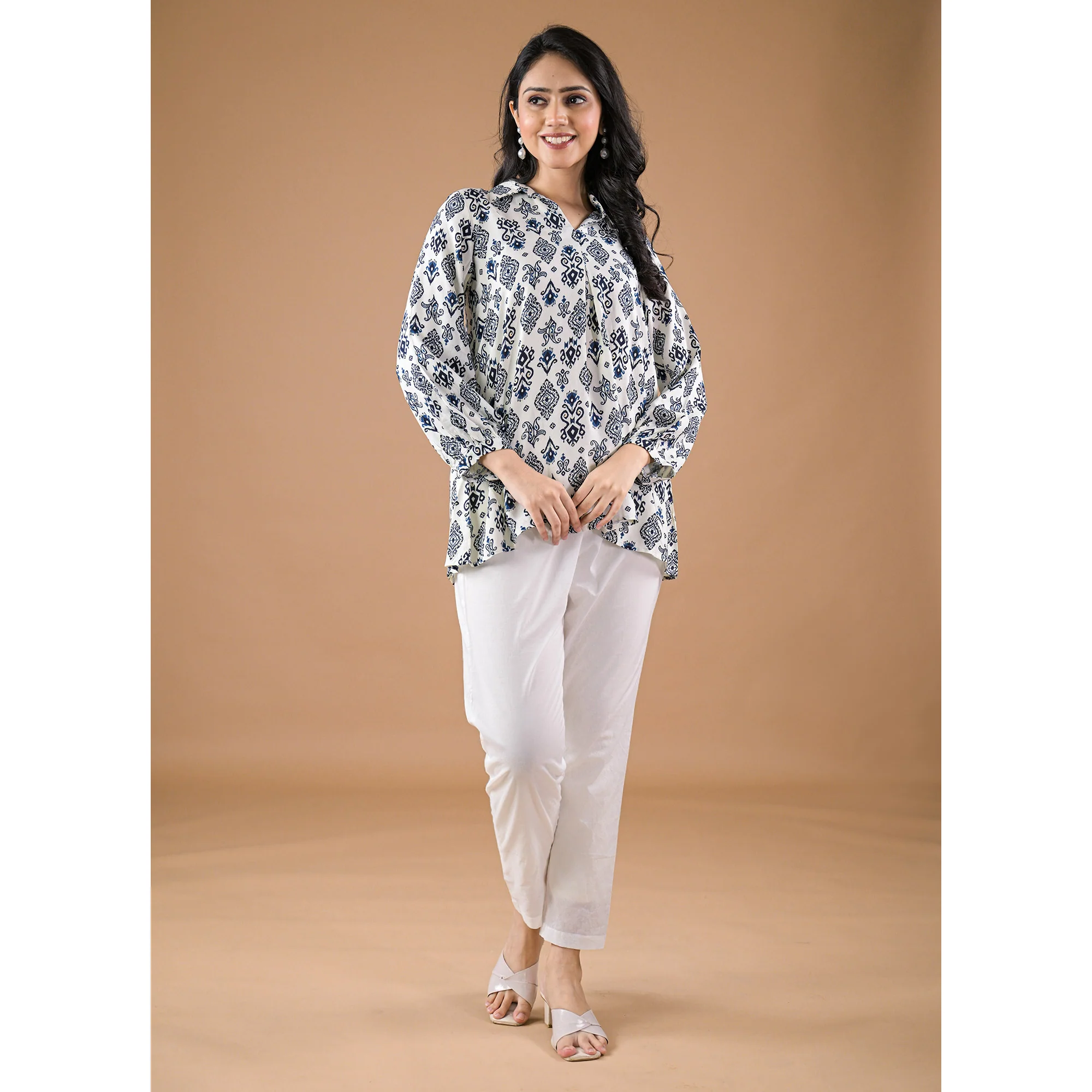 White & Blue Floral Printed Rayon Top - Image 3