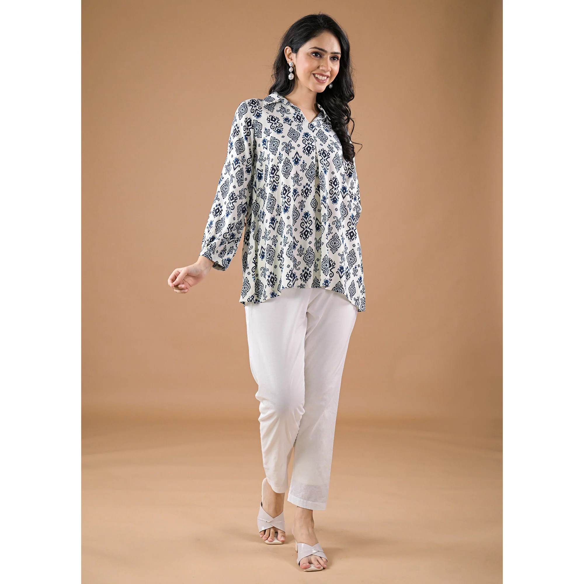 White & Blue Floral Printed Rayon Top - Image 4