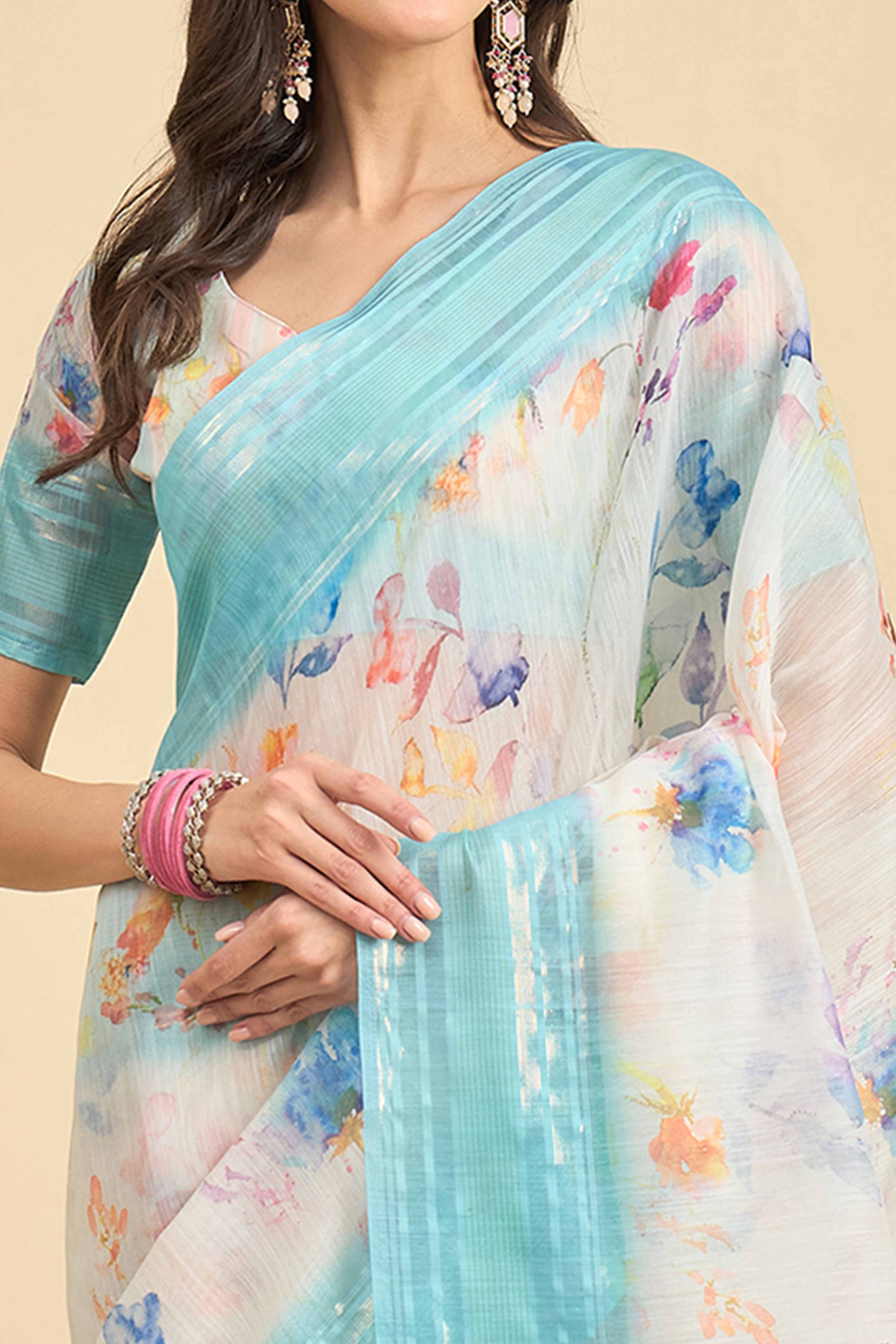 White & Blue Floral Printed Soft Linen Saree - Image 2