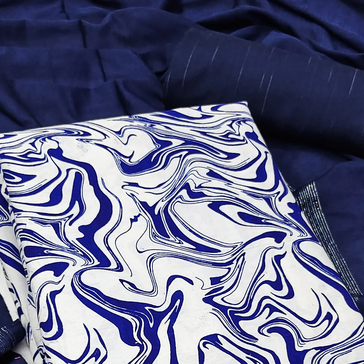 White & Blue Printed Pure Cotton Dress Material - Image 2