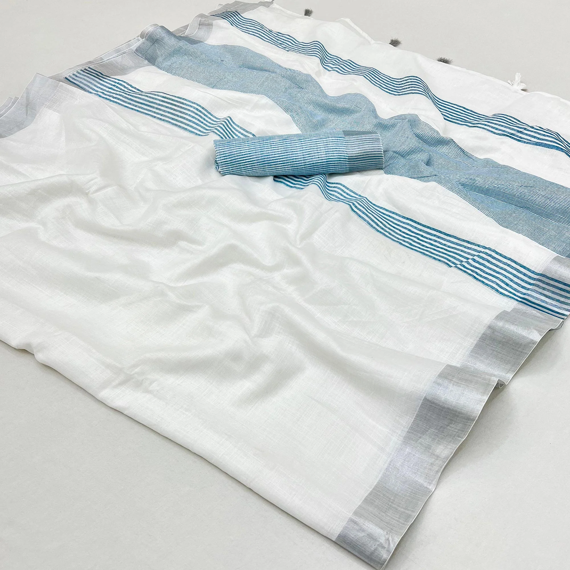 White & Blue Zari Woven Linen Saree With Tassels - Image 3