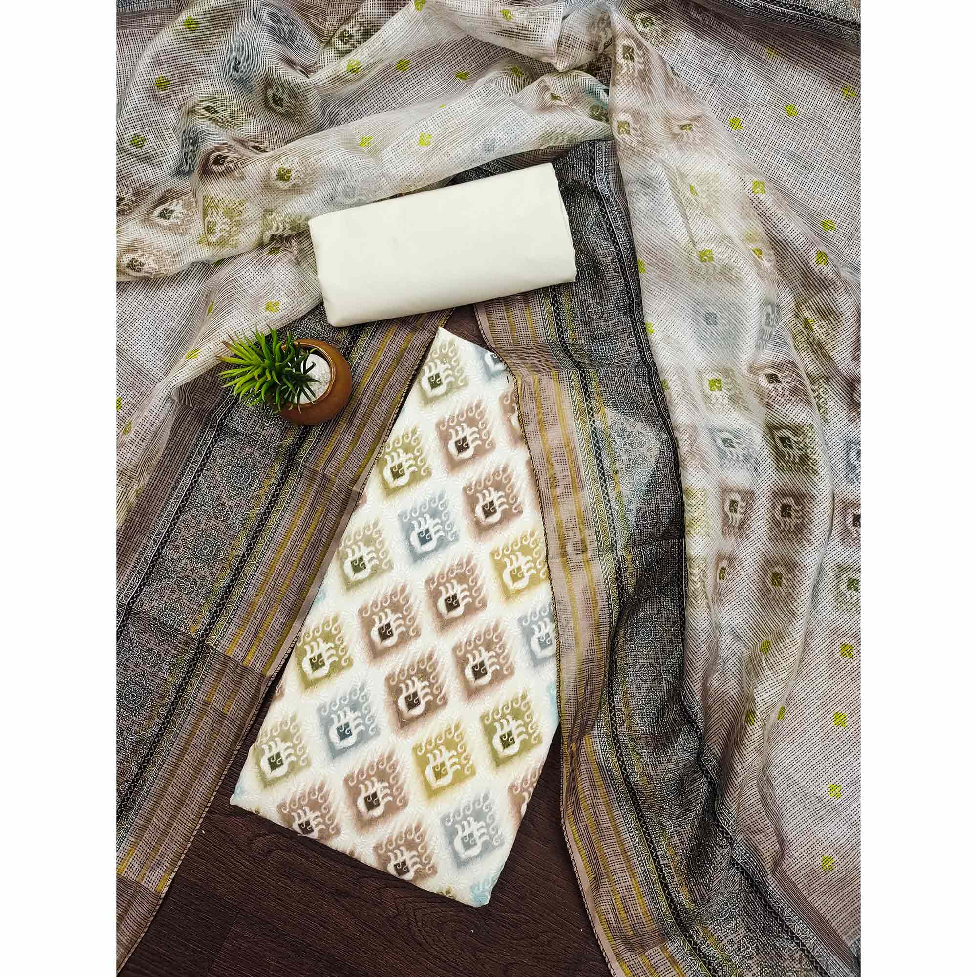White & Brown Dress Material In Cotton Blend With Delicate Digital Print & Sifli Embroidery Work - Image 3