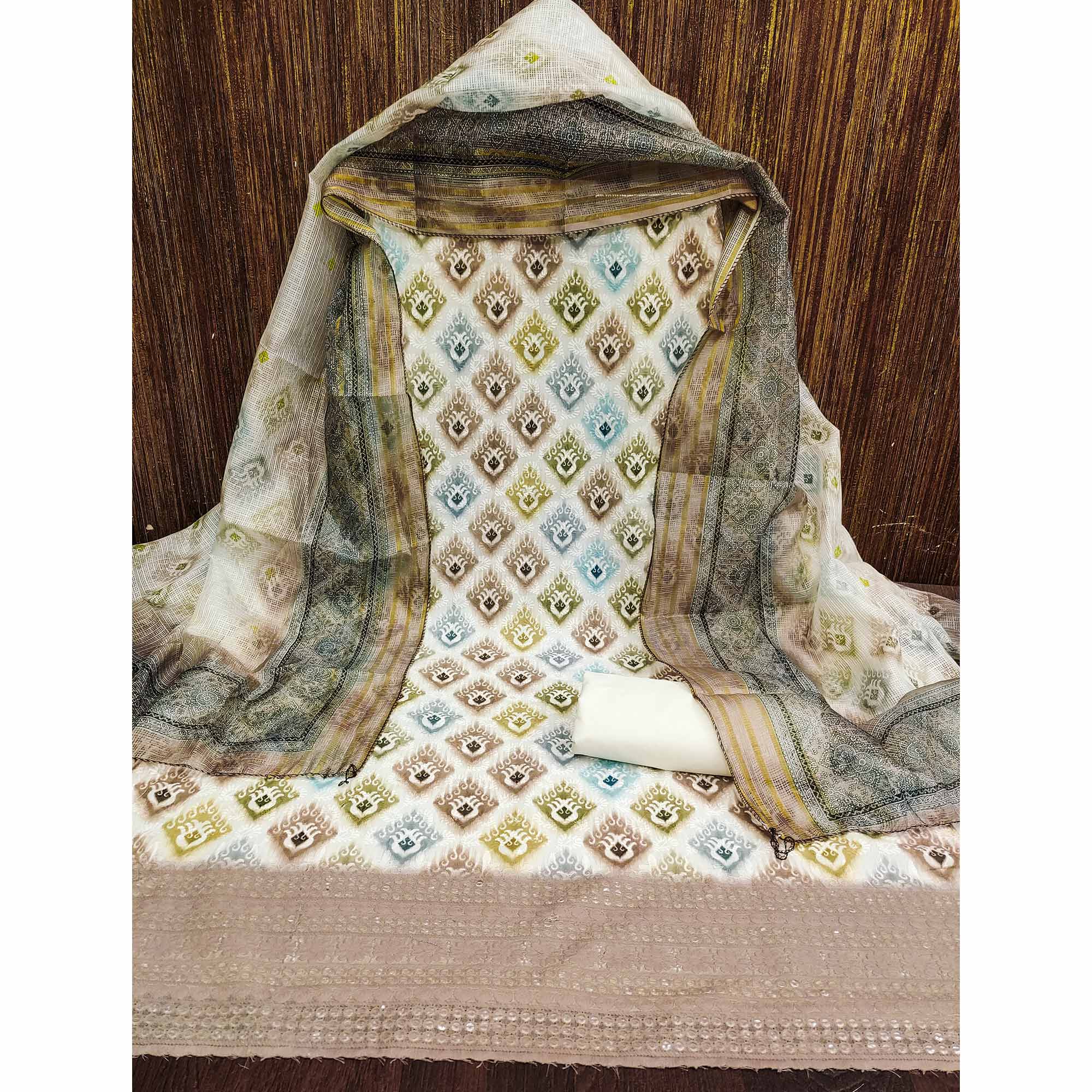 White & Brown Dress Material In Cotton Blend With Delicate Digital Print & Sifli Embroidery Work - Image 4