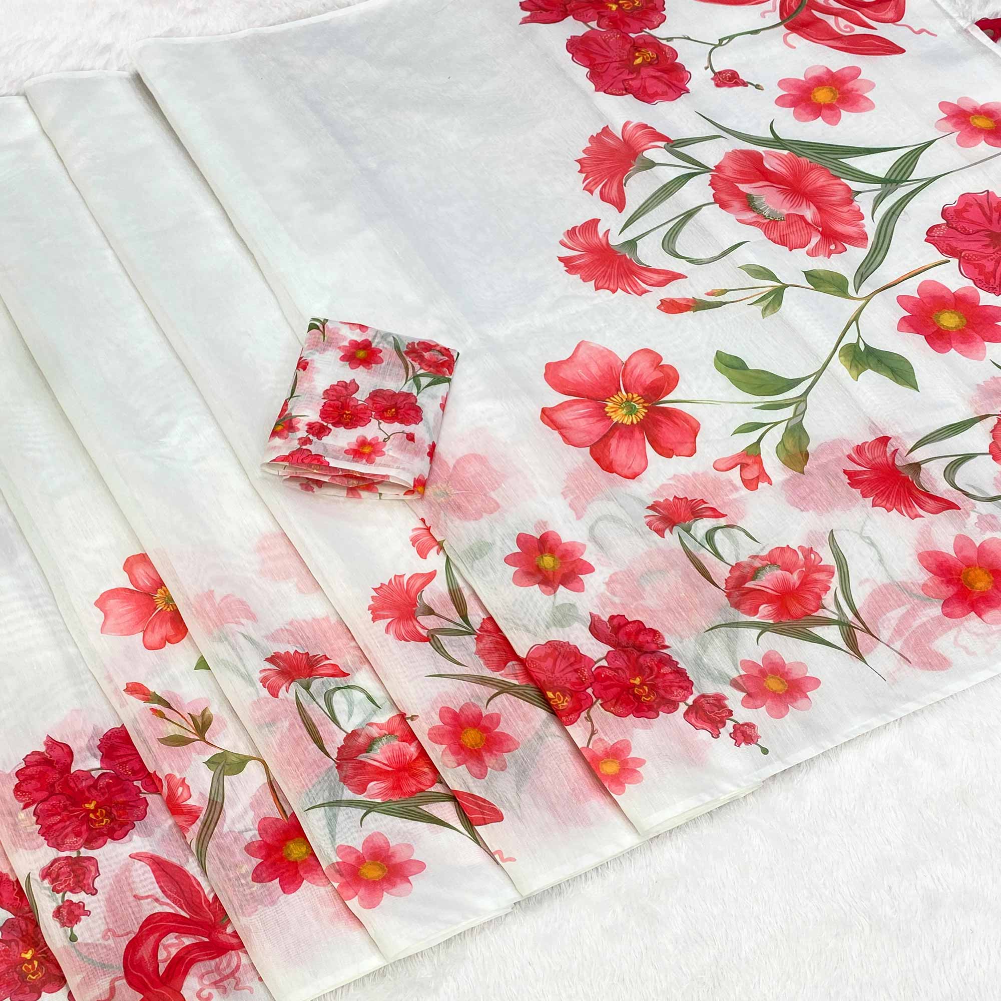 White Chanderi Cotton Saree Featuring Digital Floral Prints & Decorative Tassel Pallu - Image 3