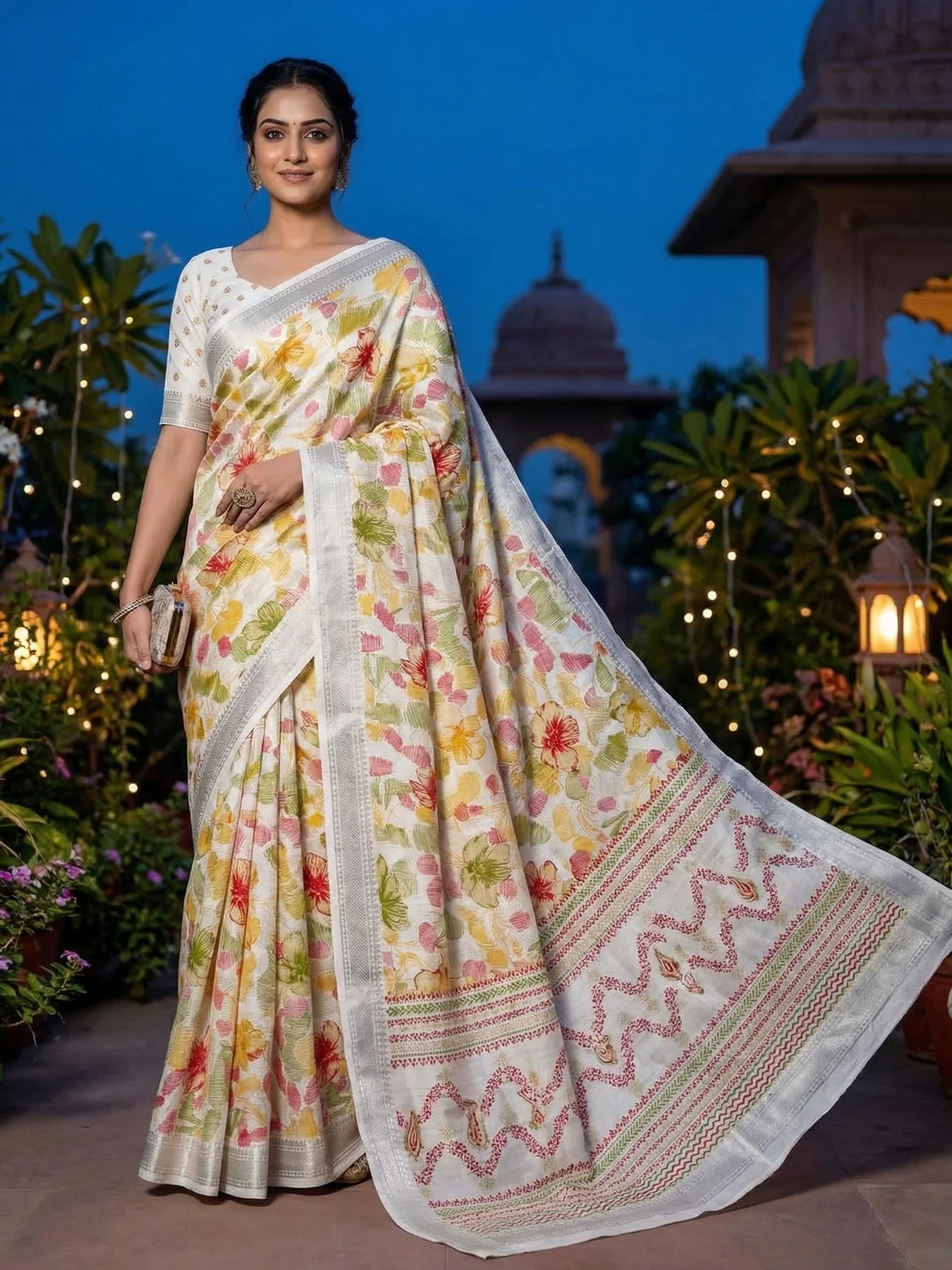 White Chanderi Silk Saree with Floral Motifs and Border