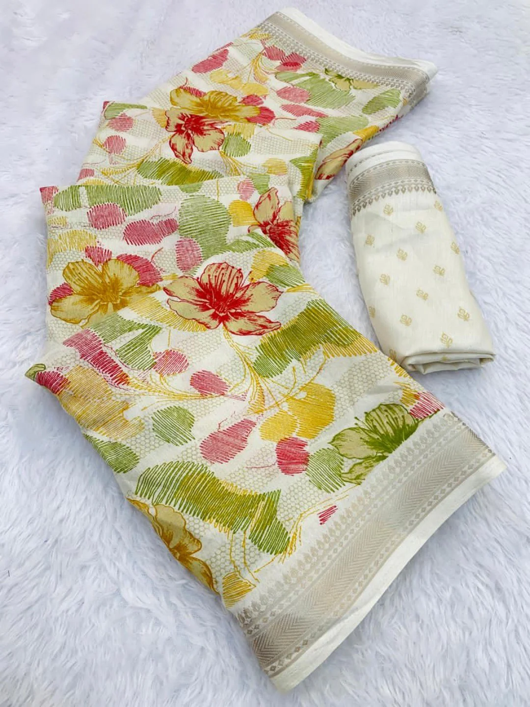 White Chanderi Silk Saree with Floral Motifs and Border - Image 3