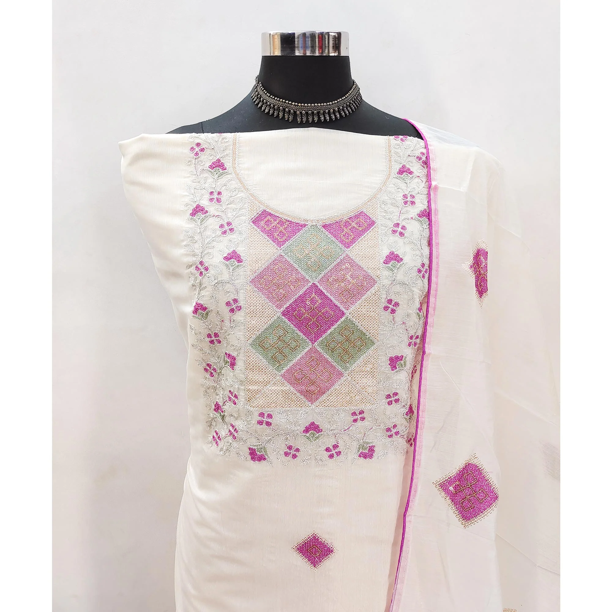 White Chanderi Unstitched Dress Material with Floral Embroidery - Image 4