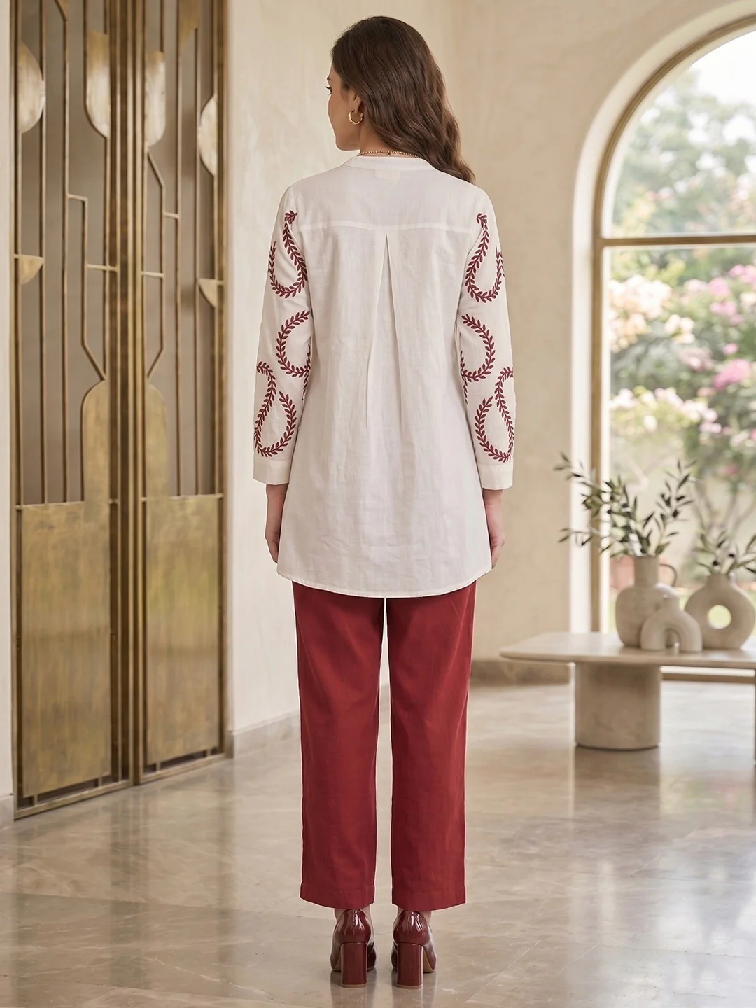 White Cotton Top and Bottom Set with Thread Work - Image 3