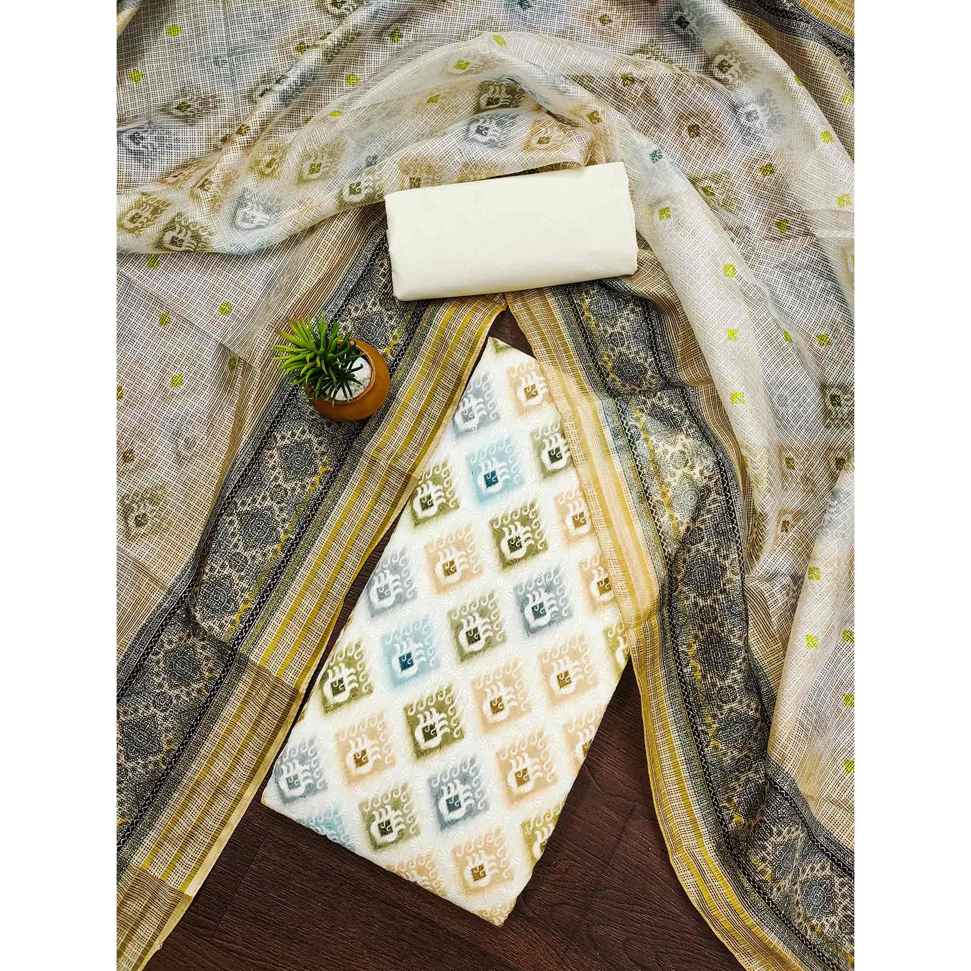 White & Cream Dress Material In Cotton Blend With Delicate Digital Print & Sifli Embroidery Work - Image 3