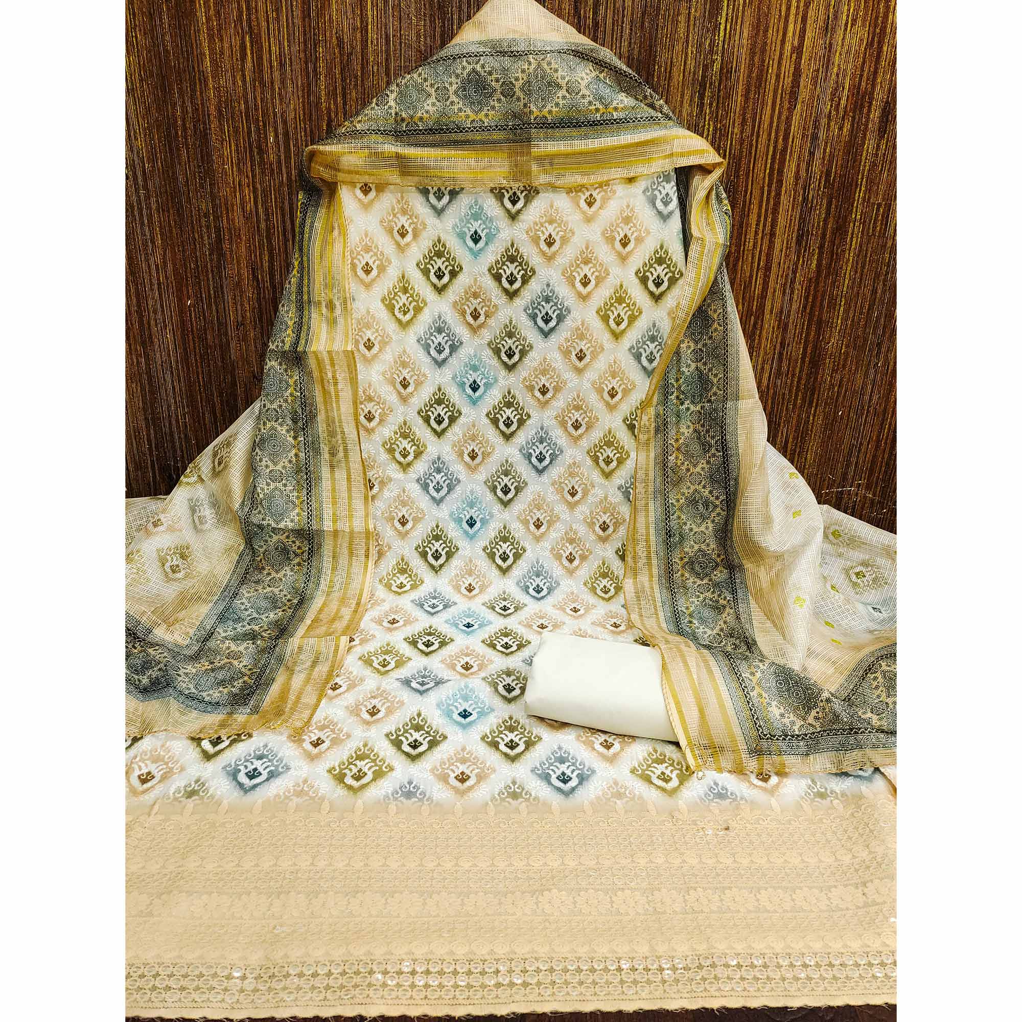 White & Cream Dress Material In Cotton Blend With Delicate Digital Print & Sifli Embroidery Work - Image 4