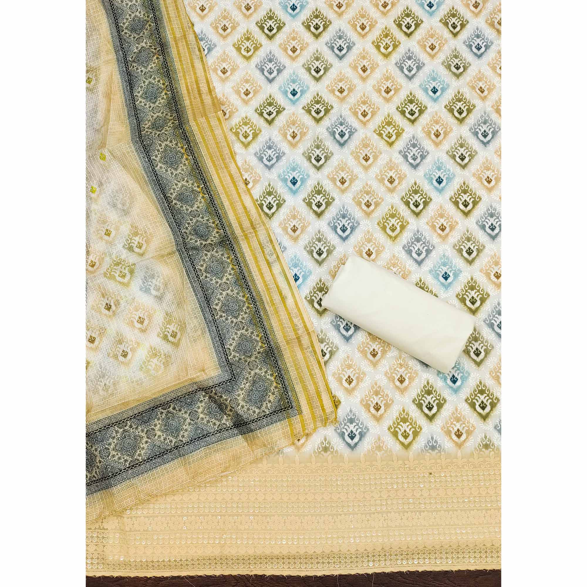 White & Cream Dress Material In Cotton Blend With Delicate Digital Print & Sifli Embroidery Work - Image 5