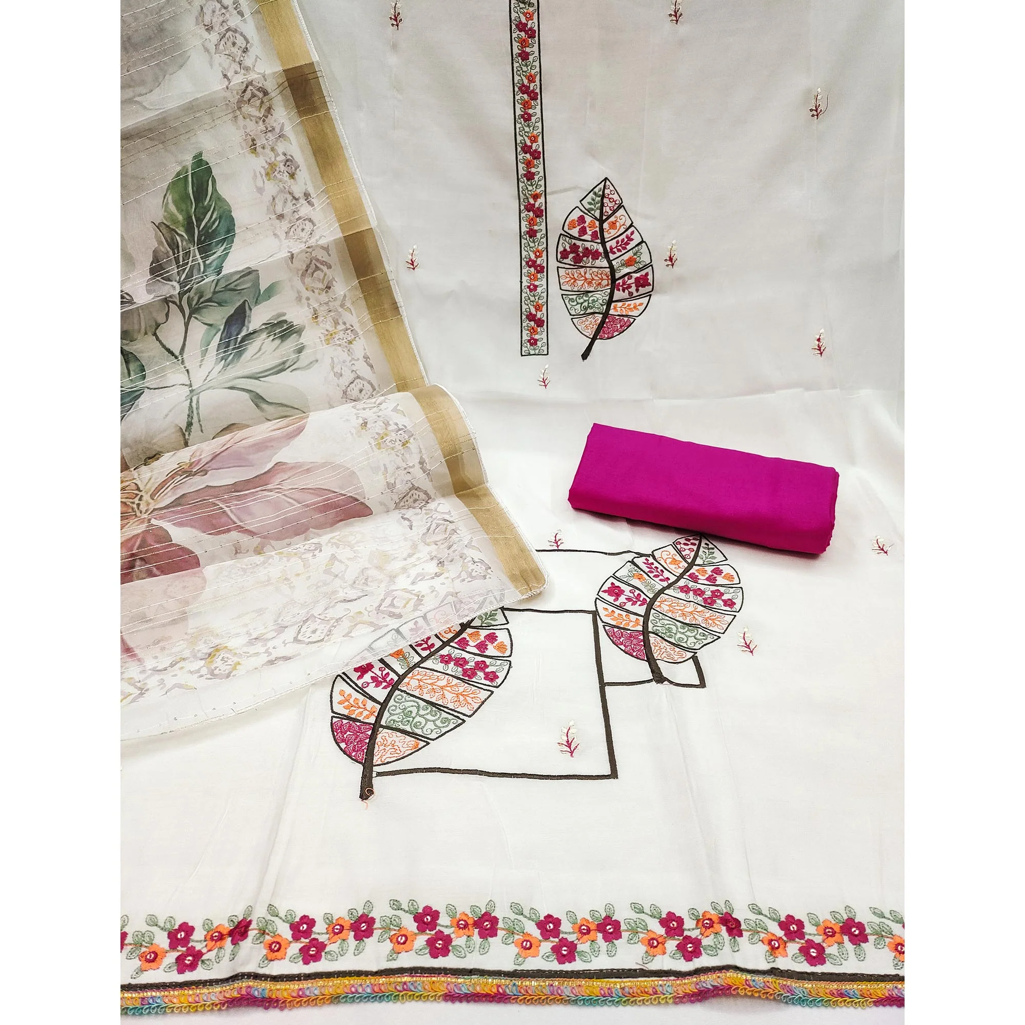 White Delight Floral Sequins Embroidered Cotton Silk Dress Material - Image 4