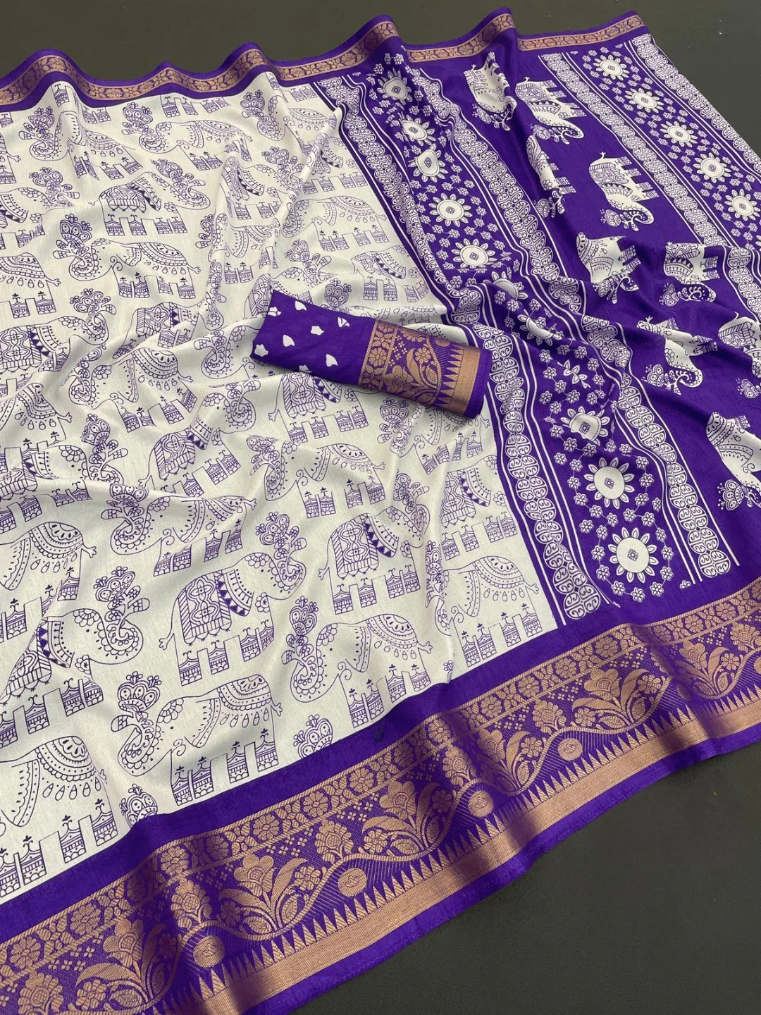 White Dola Silk Saree with Purple Border Lightweight Festive Outfit - Image 2