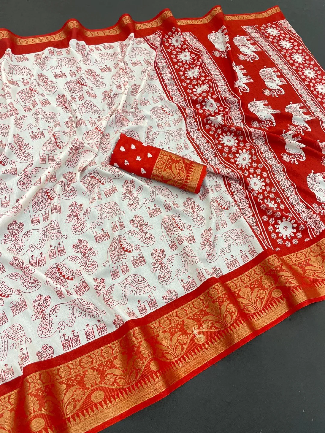 White Dola Silk Saree with Red Border Lightweight Festive Outfit - Image 3