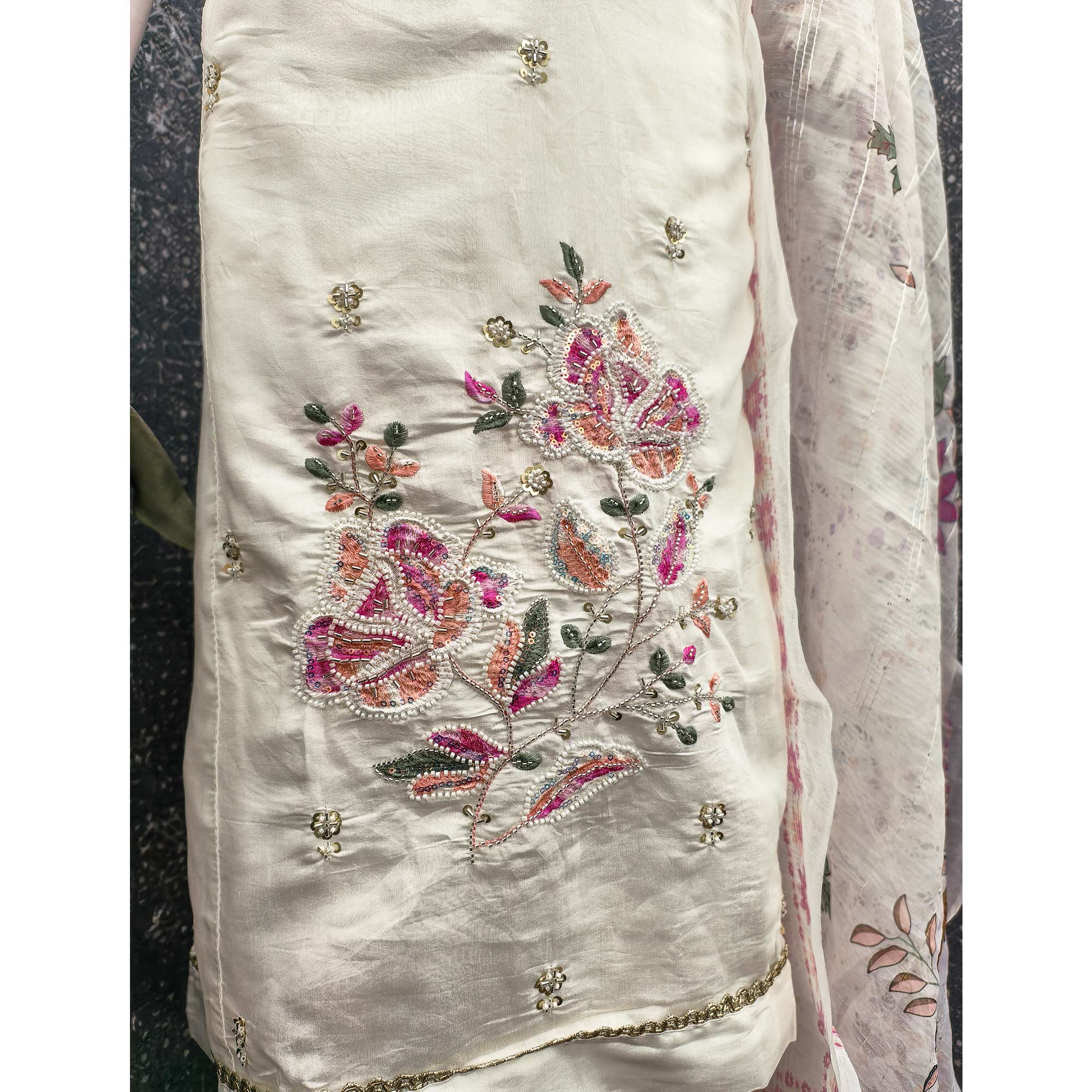 White Embroidered Chanderi Silk Unstitched Dress Material with Delicate Beads Work - Image 4