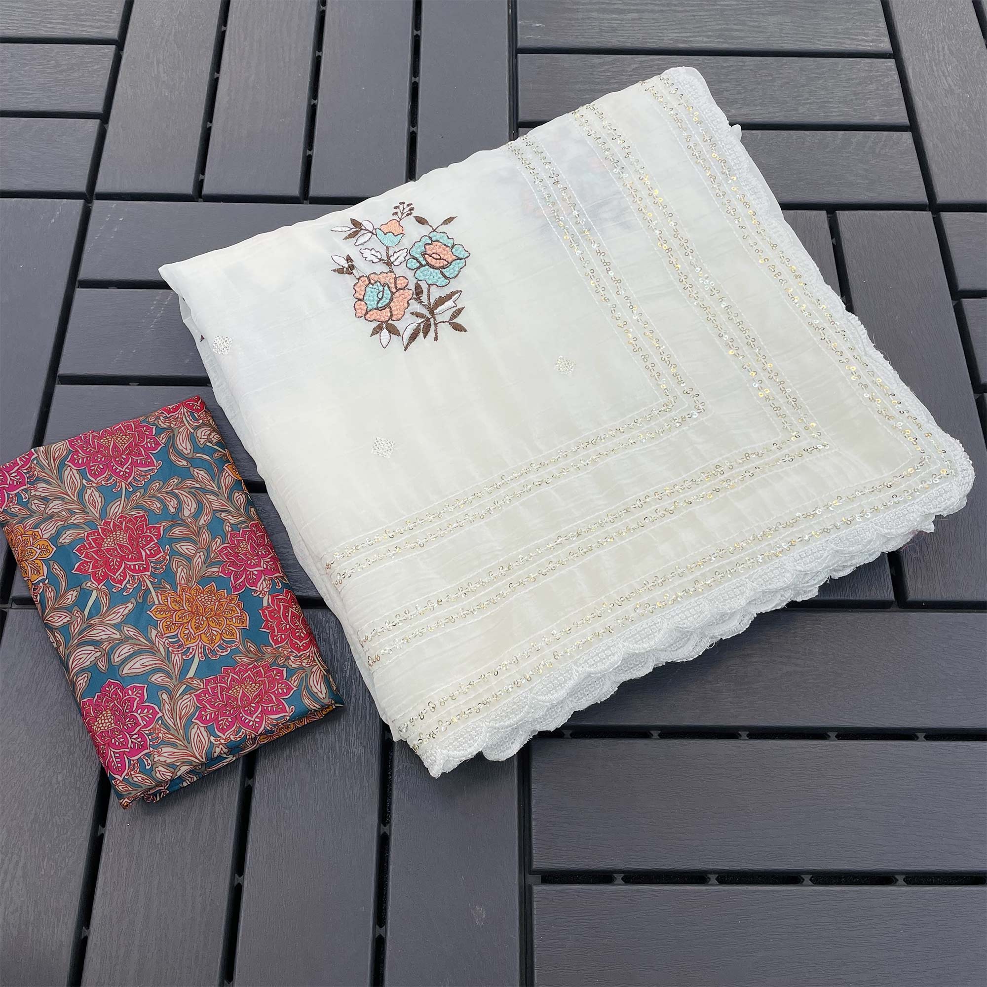 White Embroidered Cotton Silk Saree with Subtle Sequins Detailing - Image 7
