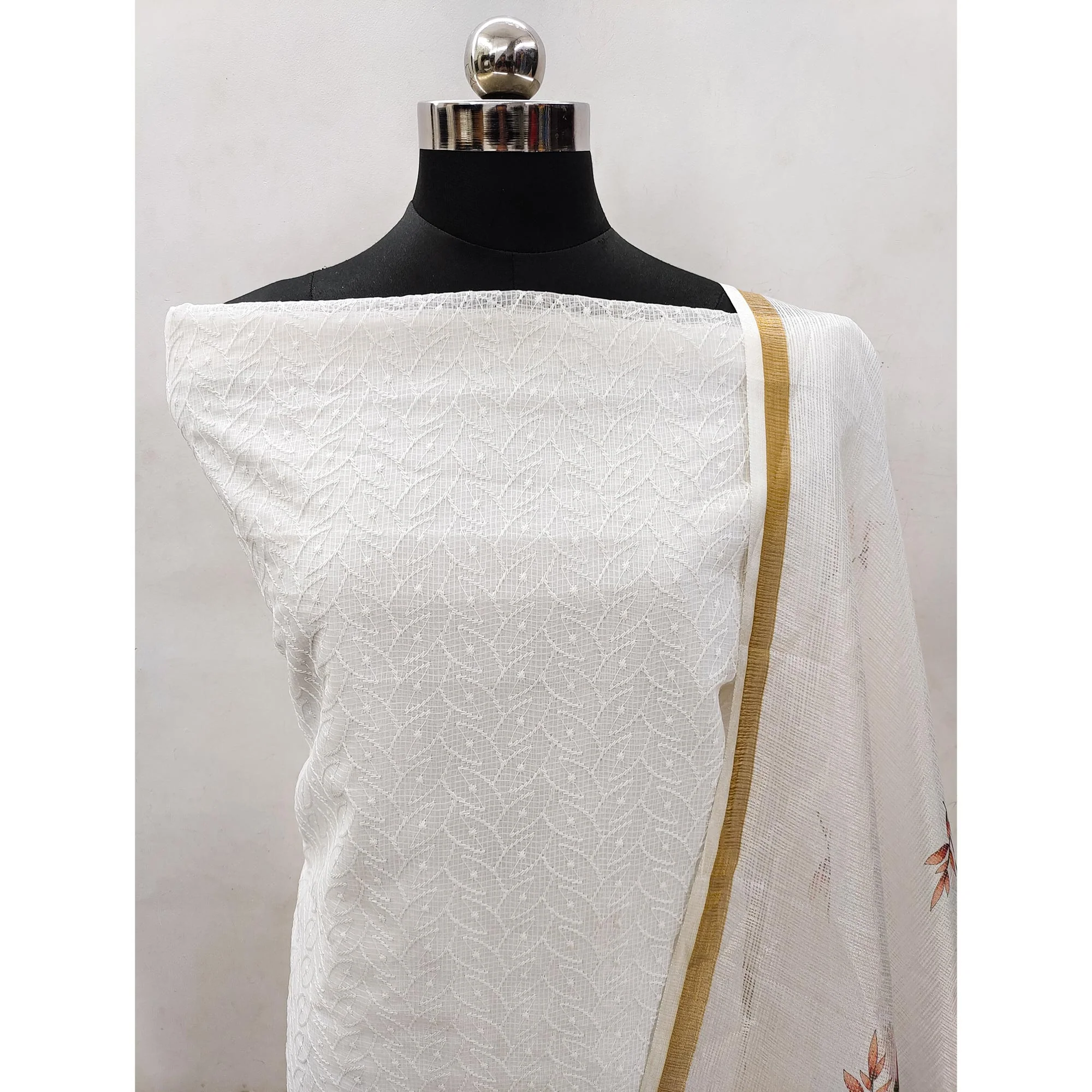 White Embroidered Kota Doria Dress Material - Image 4