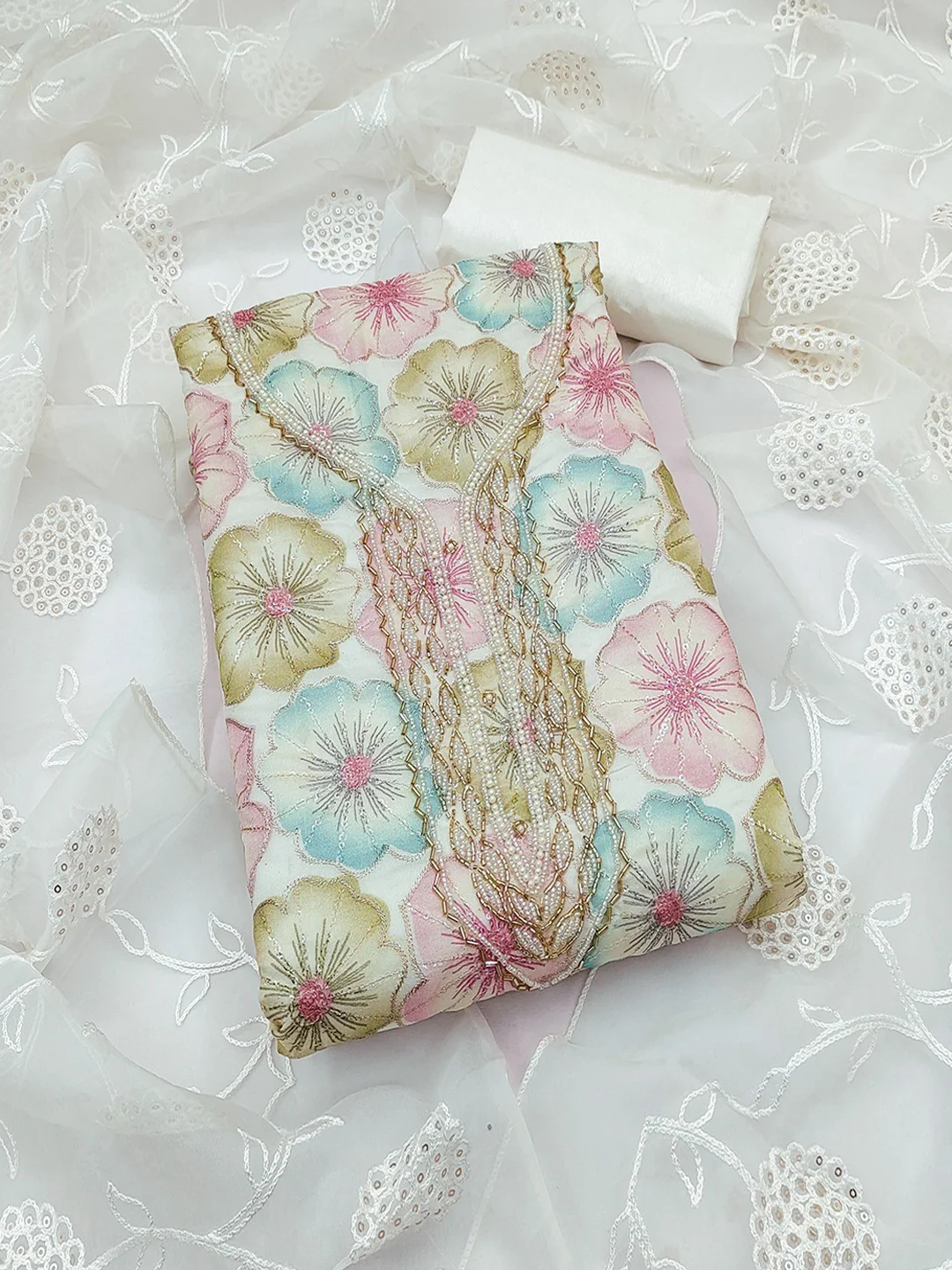 White Embroidered Organza Fabric Set Featuring Intricate Beads Work Detailing