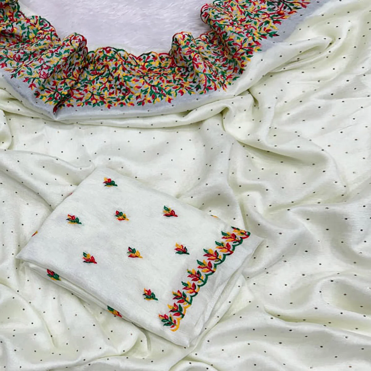 White Embroidered With Stonework Vichitra Silk Saree - Image 2