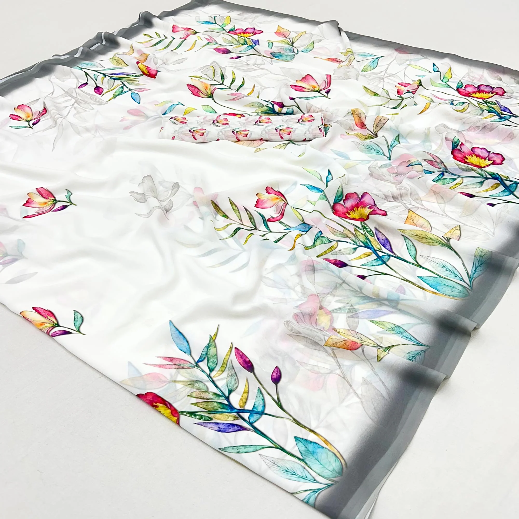 White Floral Digital Printed Georgette Saree