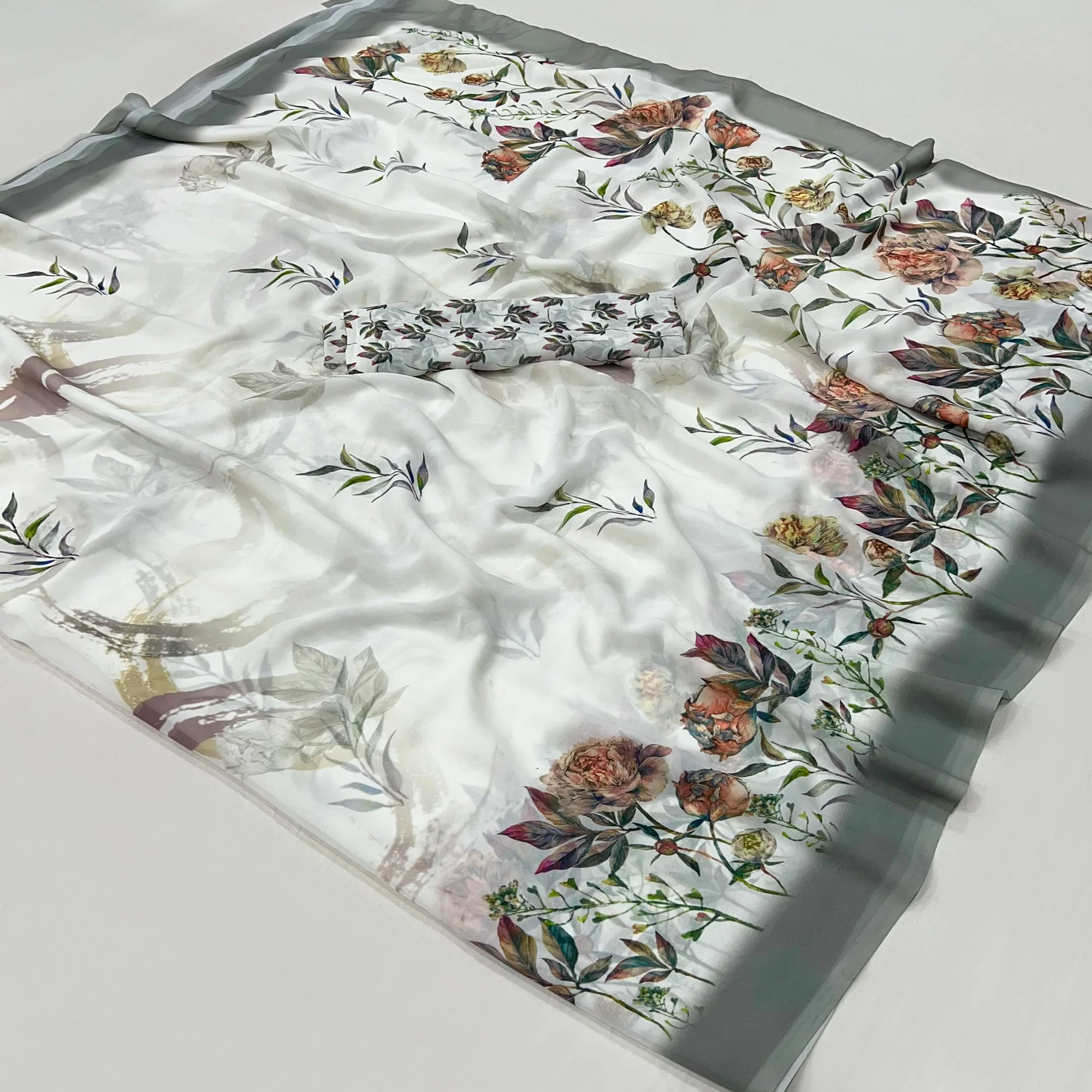 White Floral Digital Printed Georgette Saree