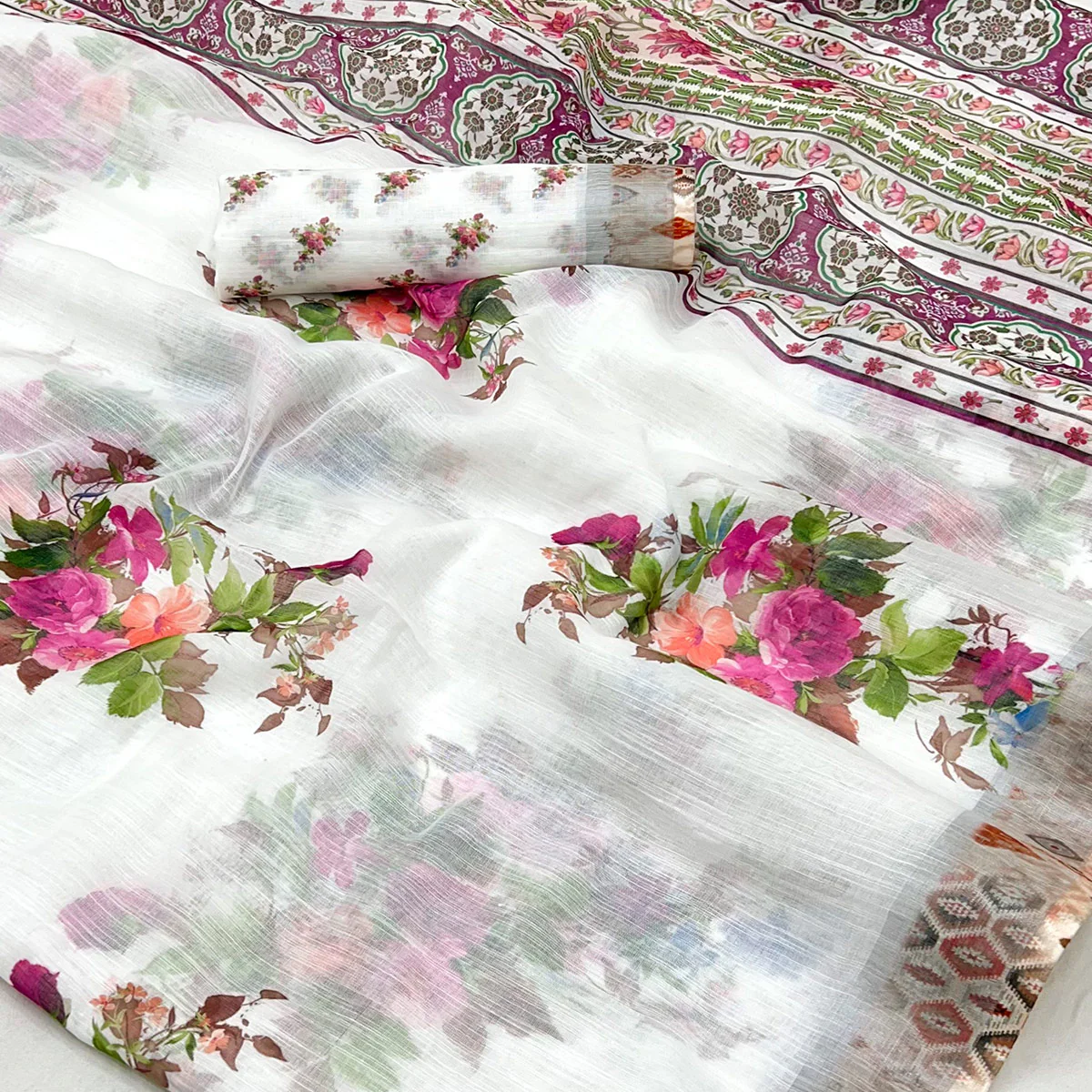 White Floral Digital Printed Linen Saree With Zari Border - Image 2