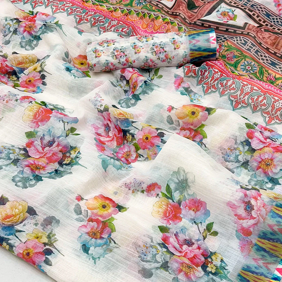 White Floral Digital Printed Linen Saree With Zari Border - Image 2