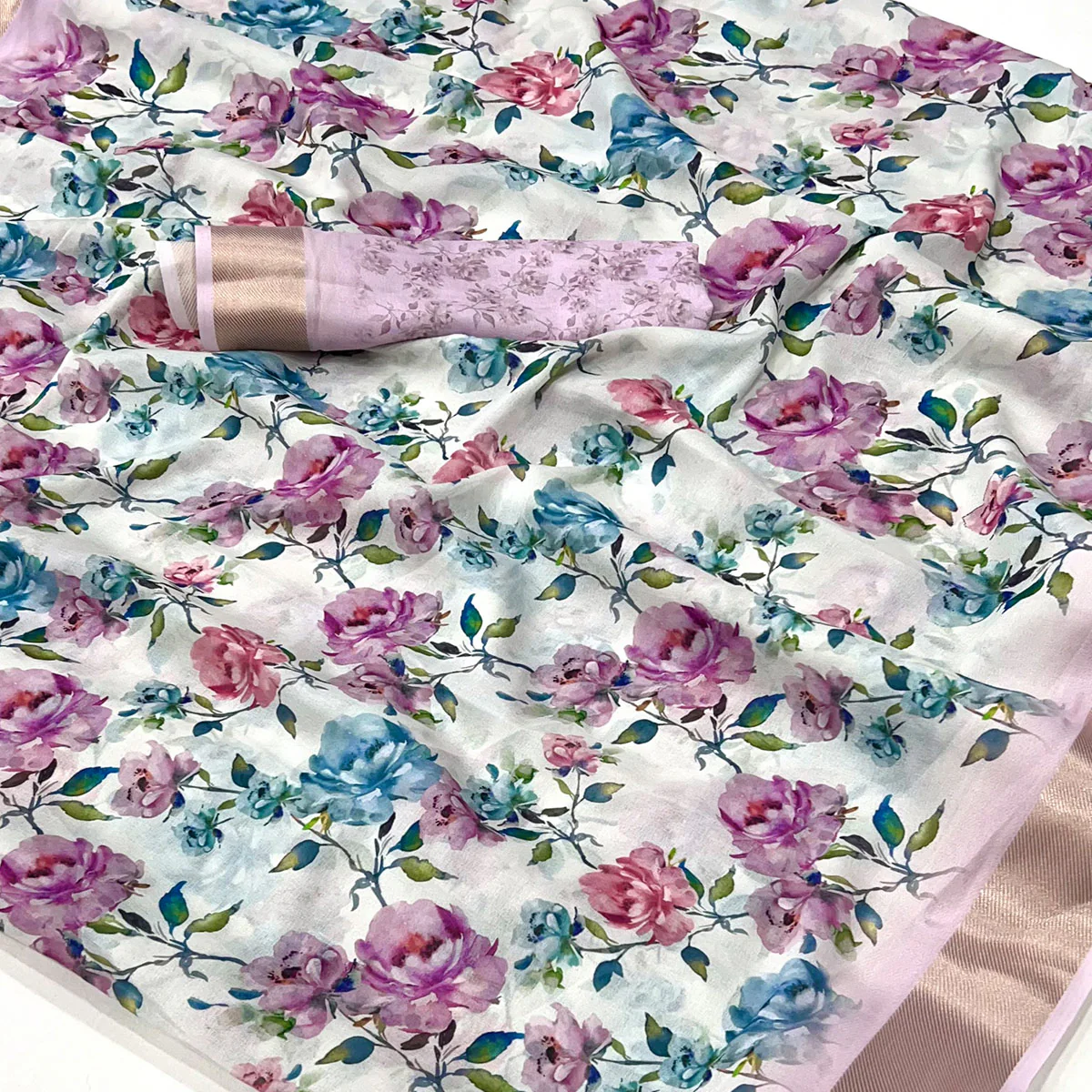 White Floral Digital Printed Moss Georgette Saree With Zari Border - Image 2