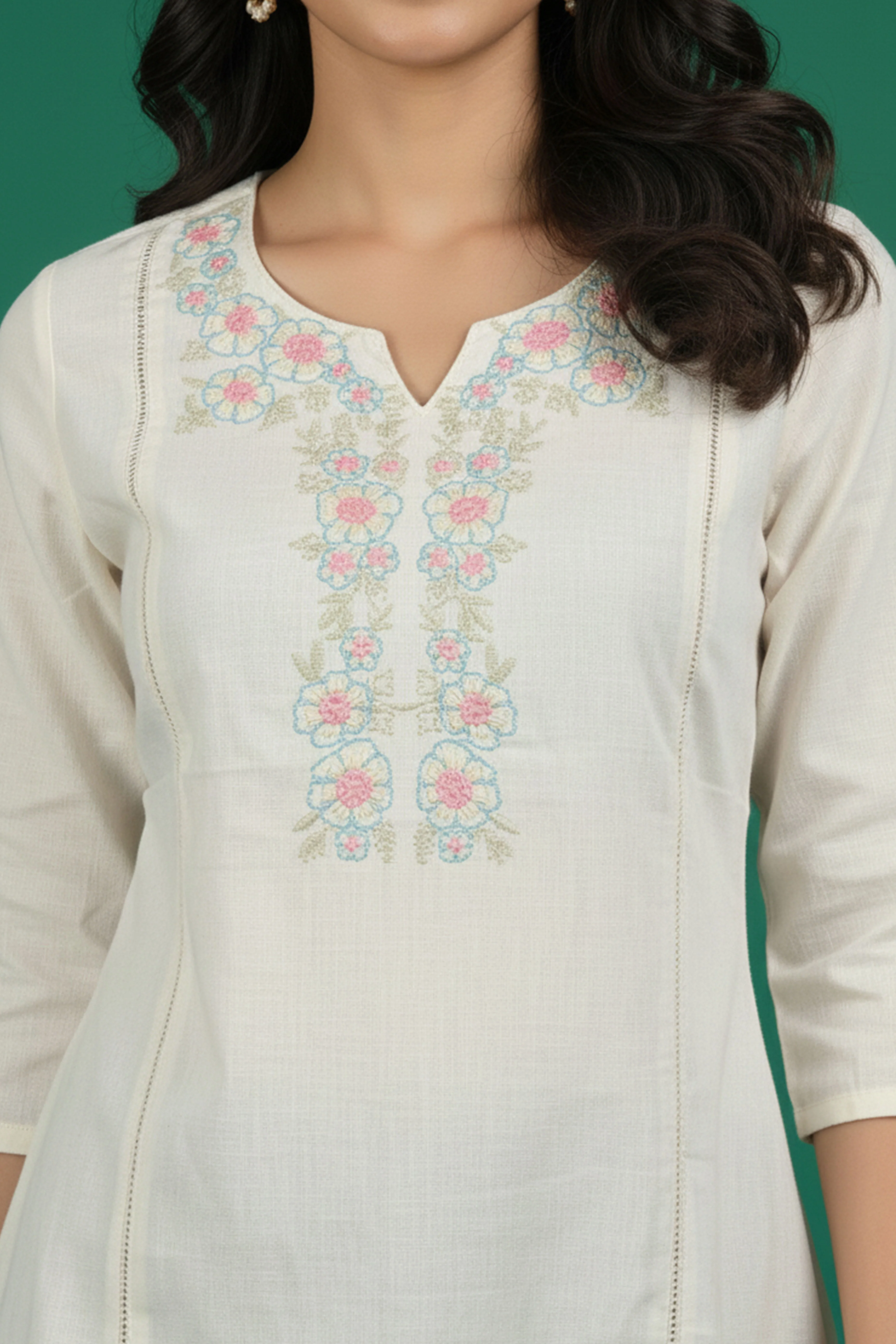 White Floral Embroidered A-Line Top in Pure Cotton - Image 2