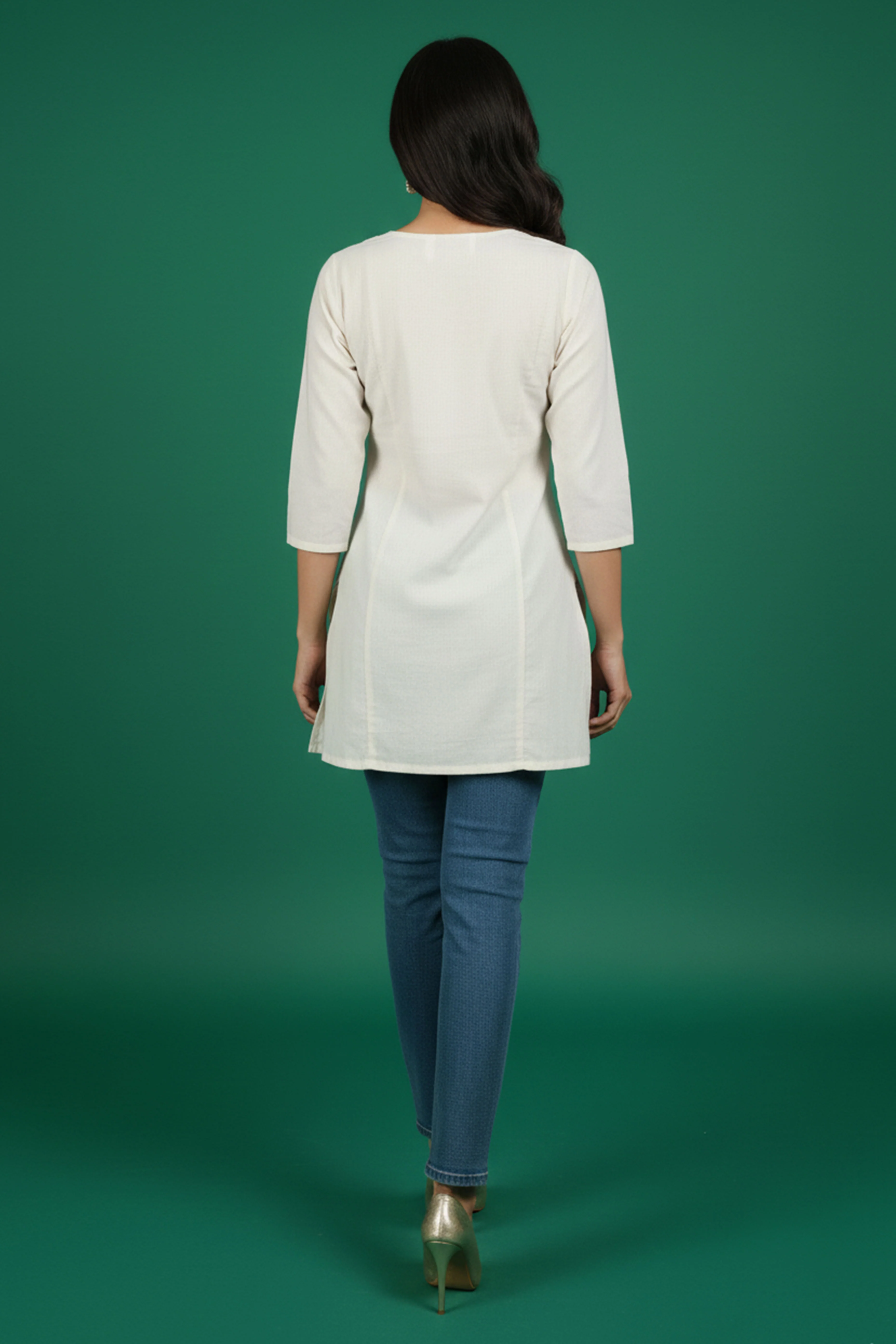 White Floral Embroidered A-Line Top in Pure Cotton - Image 3